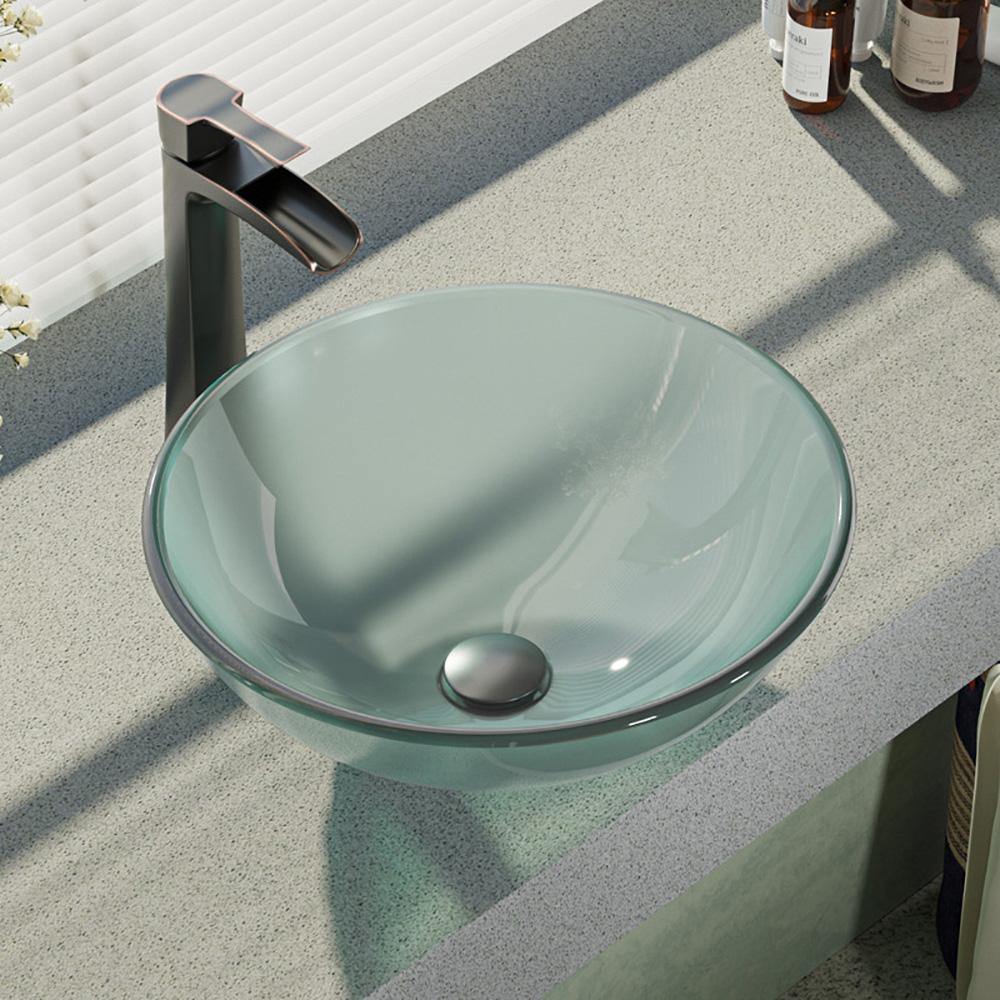 Alternate Image for Rene 17" Round Glass Bathroom Sink, Frosted, with Faucet, R5-5002-R9-7007-ABR