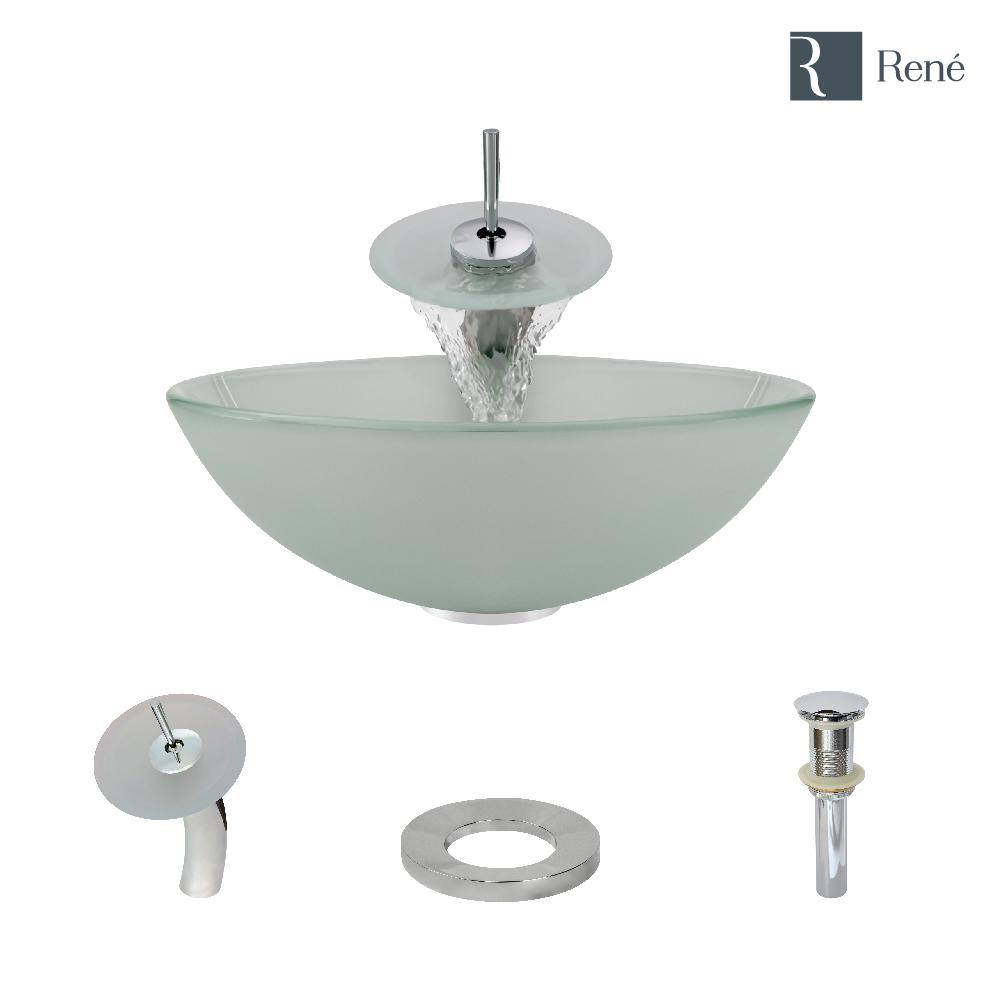 Rene 17" Round Glass Bathroom Sink, Frosted, with Faucet, R5-5002-WF-C