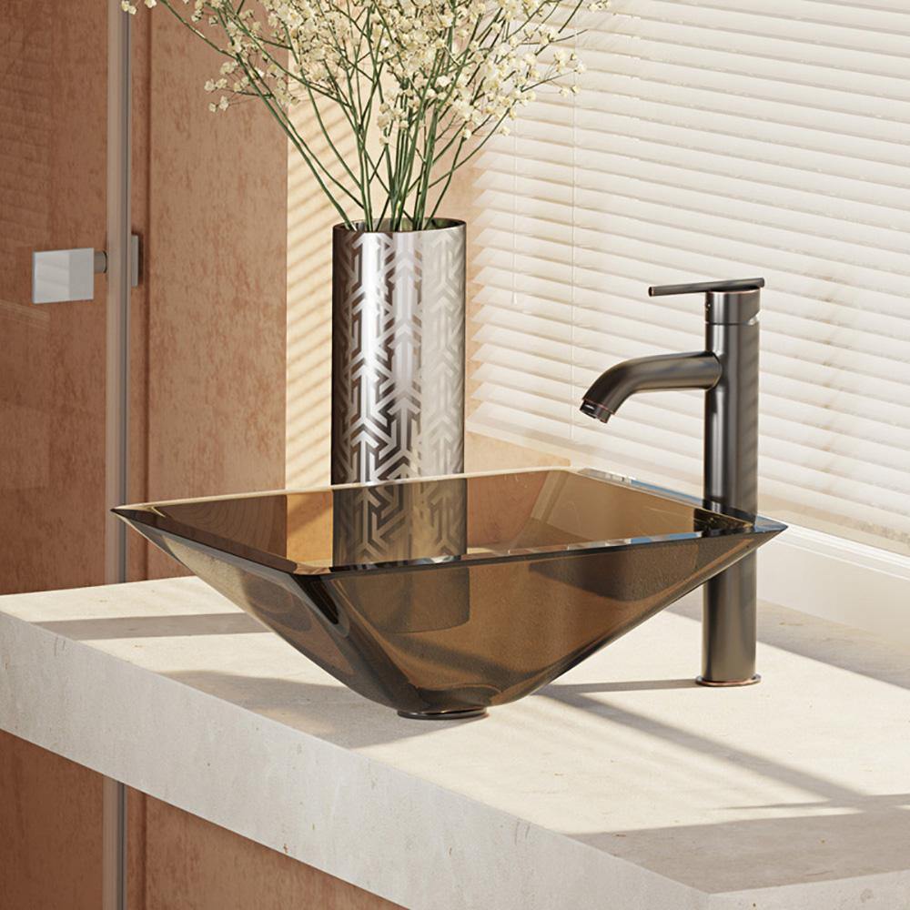 Alternate Image for Rene 17" Square Glass Bathroom Sink, Cashmere, with Faucet, R5-5003-CAS-R9-7001-ABR