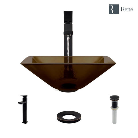 Rene 17" Square Glass Bathroom Sink, Cashmere, with Faucet, R5-5003-CAS-R9-7003-ABR