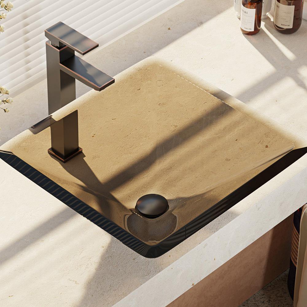 Alternate Image for Rene 17" Square Glass Bathroom Sink, Cashmere, with Faucet, R5-5003-CAS-R9-7003-ABR