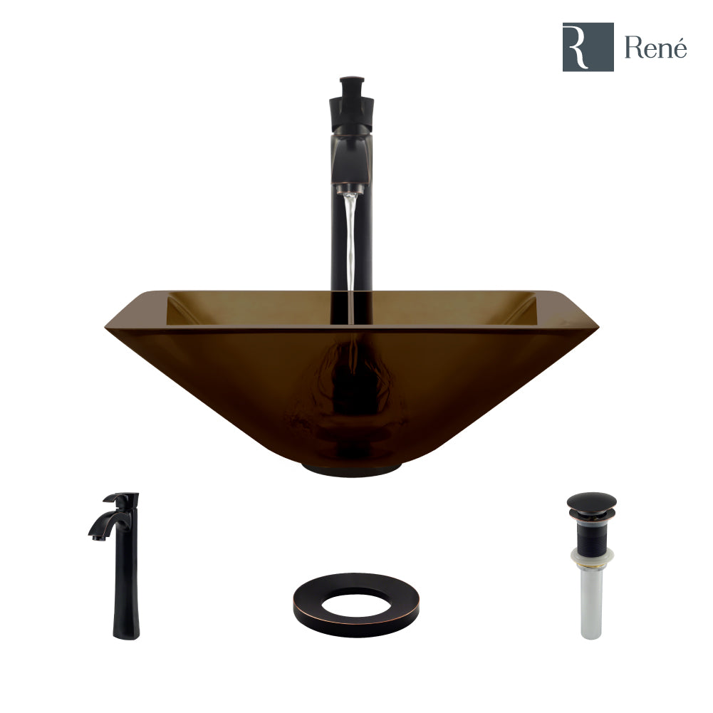 Alternate Image for Rene 17" Square Glass Bathroom Sink, Cashmere, with Faucet, R5-5003-CAS-R9-7006-ABR