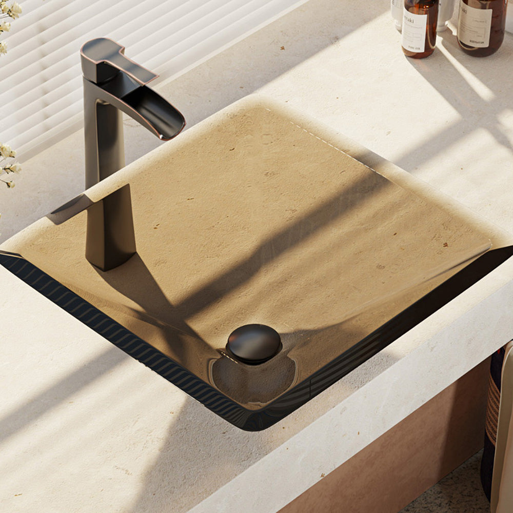 Alternate Image for Rene 17" Square Glass Bathroom Sink, Cashmere, with Faucet, R5-5003-CAS-R9-7007-ABR