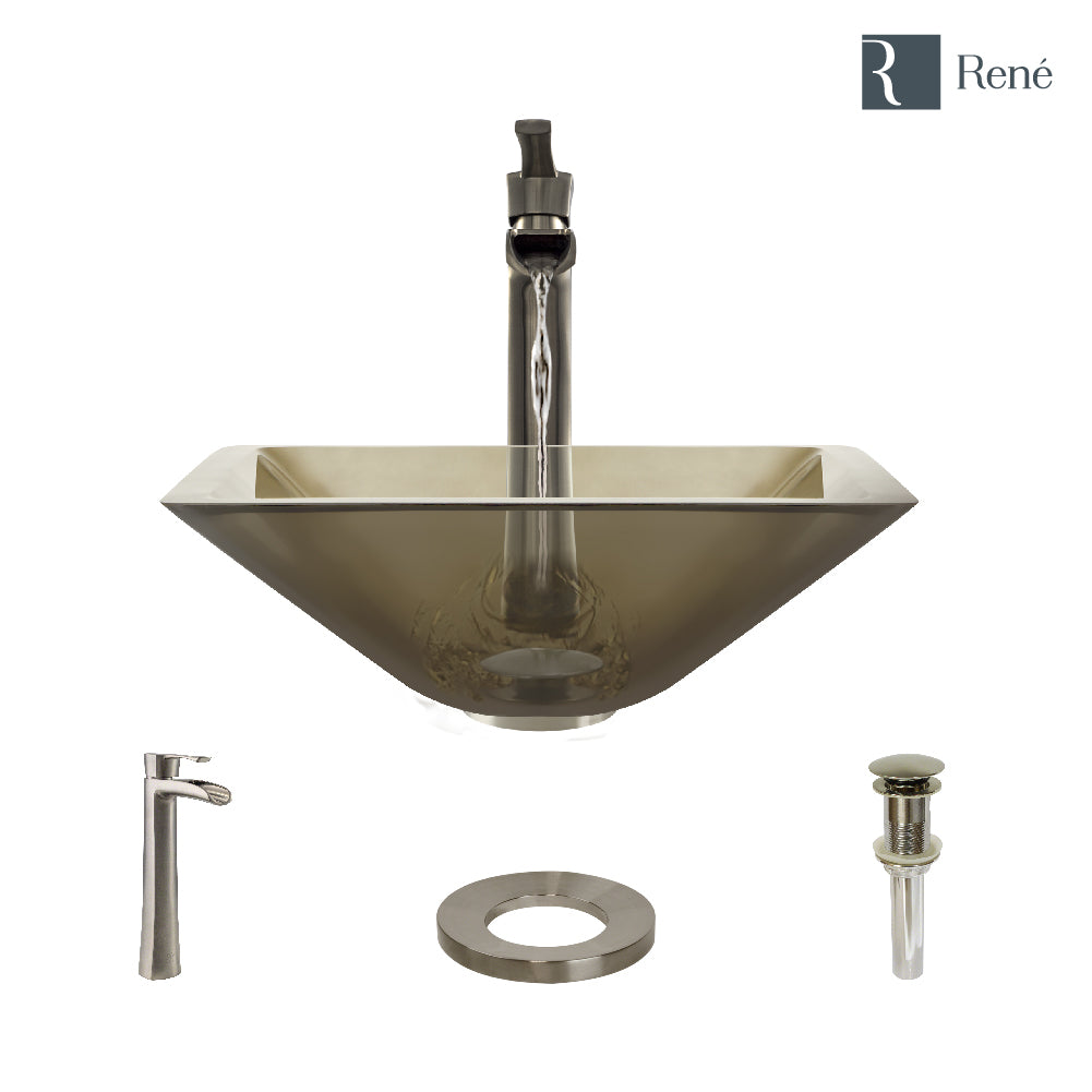 Alternate Image for Rene 17" Square Glass Bathroom Sink, Cashmere, with Faucet, R5-5003-CAS-R9-7007-BN