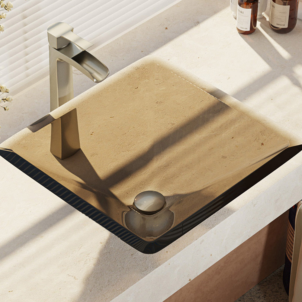Alternate Image for Rene 17" Square Glass Bathroom Sink, Cashmere, with Faucet, R5-5003-CAS-R9-7007-BN