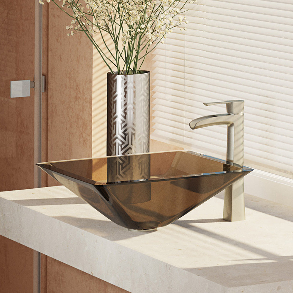 Alternate Image for Rene 17" Square Glass Bathroom Sink, Cashmere, with Faucet, R5-5003-CAS-R9-7007-BN