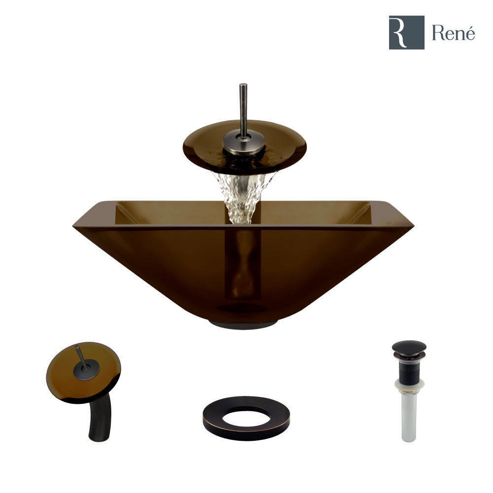 Rene 17" Square Glass Bathroom Sink, Cashmere, with Faucet, R5-5003-CAS-WF-ABR