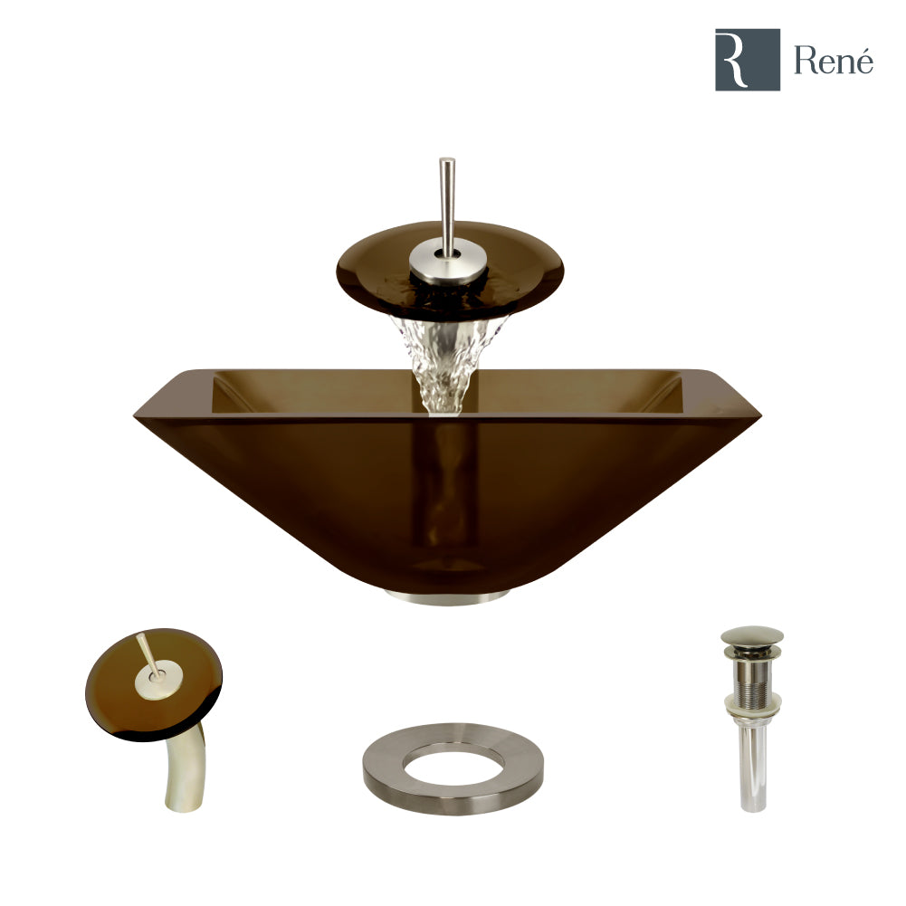 Rene 17" Square Glass Bathroom Sink, Cashmere, with Faucet, R5-5003-CAS-WF-BN