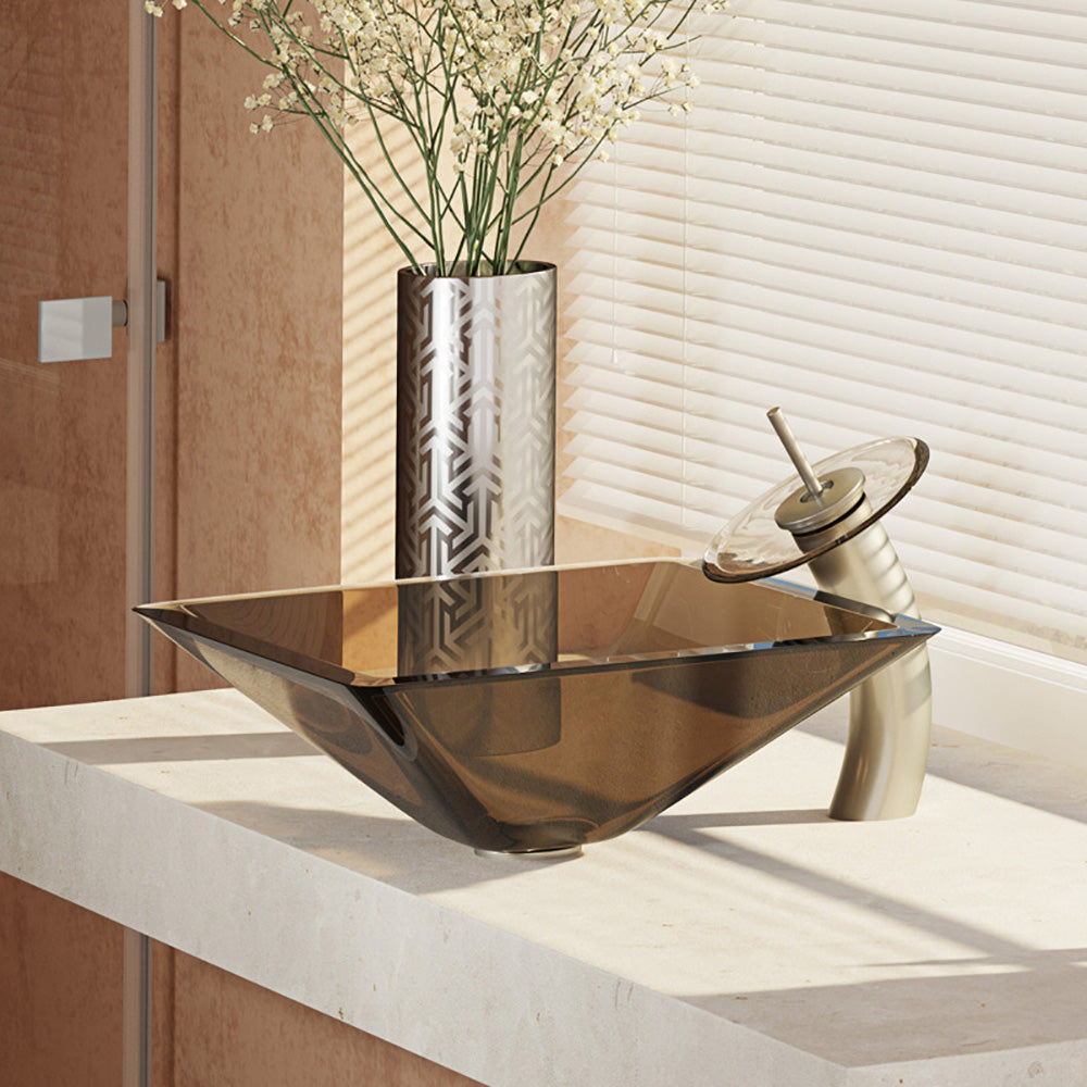 Alternate Image for Rene 17" Square Glass Bathroom Sink, Cashmere, with Faucet, R5-5003-CAS-WF-BN