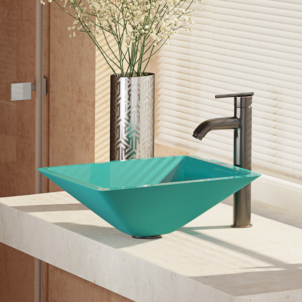 Alternate Image for Rene 17" Square Glass Bathroom Sink, Cerulean, with Faucet, R5-5003-CER-R9-7001-ABR