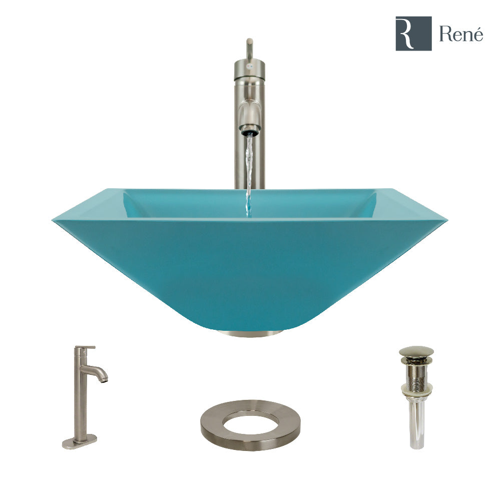 Alternate Image for Rene 17" Square Glass Bathroom Sink, Cerulean, with Faucet, R5-5003-CER-R9-7001-BN