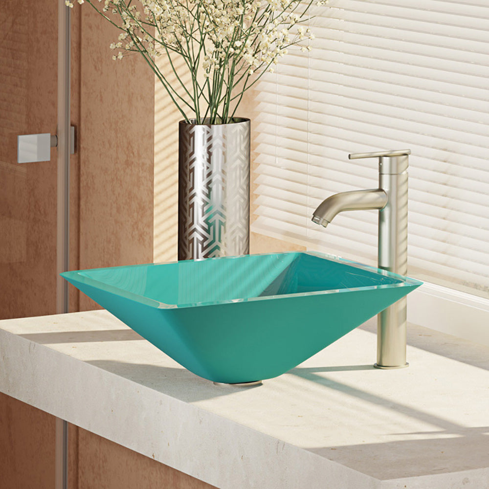 Alternate Image for Rene 17" Square Glass Bathroom Sink, Cerulean, with Faucet, R5-5003-CER-R9-7001-BN