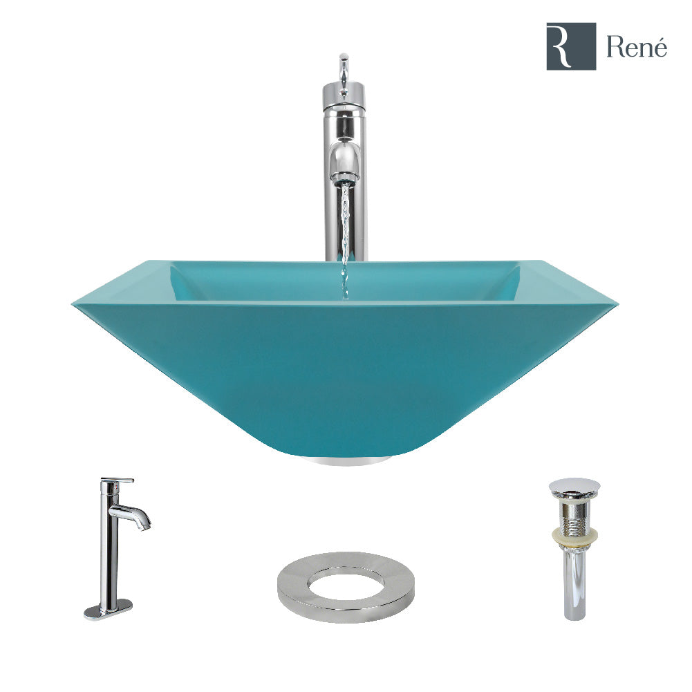 Rene 17" Square Glass Bathroom Sink, Cerulean, with Faucet, R5-5003-CER-R9-7001-C