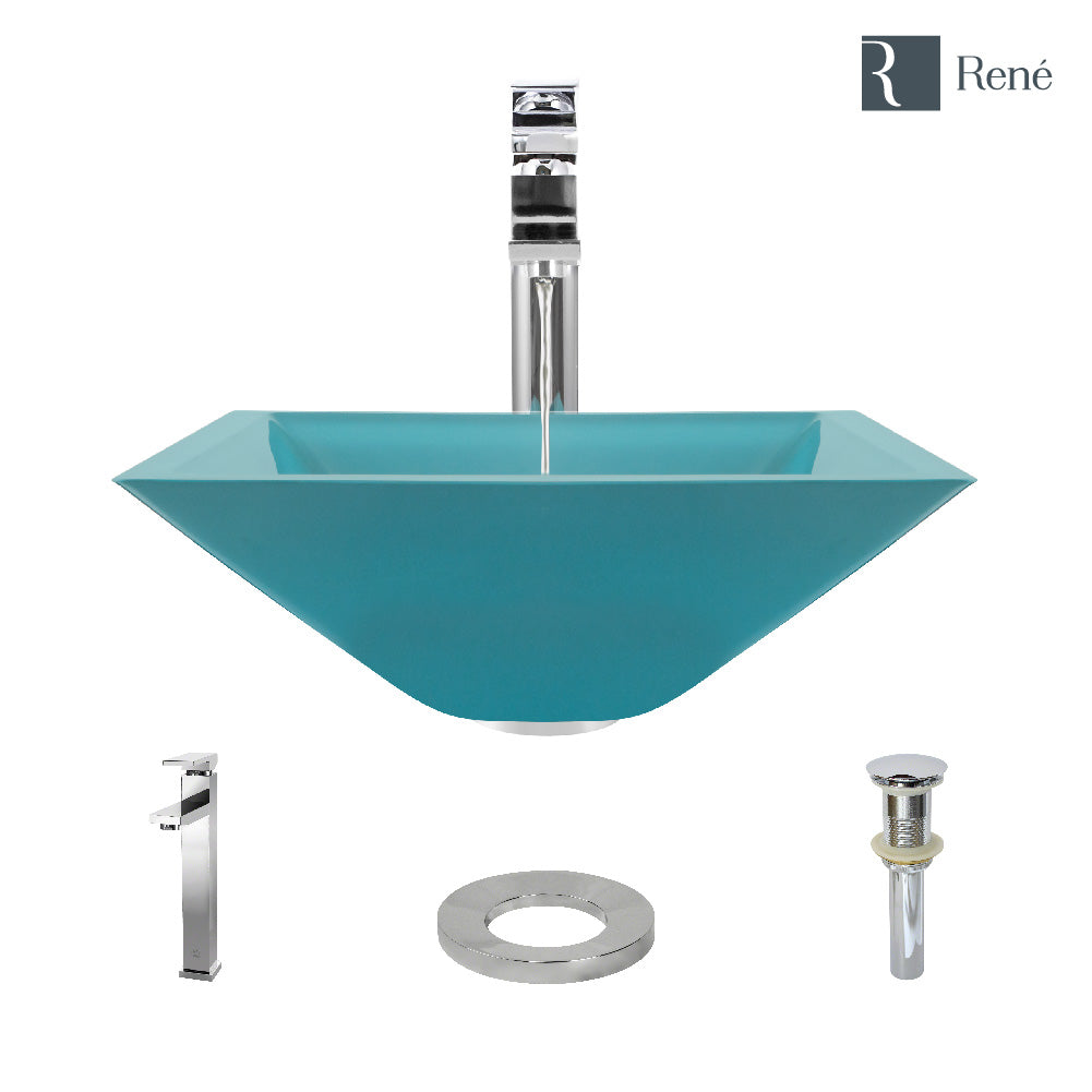 Rene 17" Square Glass Bathroom Sink, Cerulean, with Faucet, R5-5003-CER-R9-7003-C