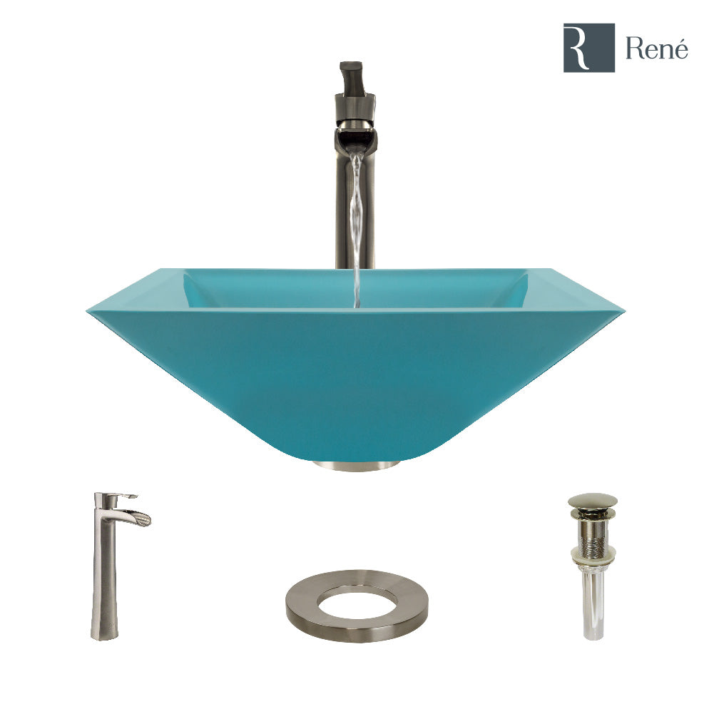 Alternate Image for Rene 17" Square Glass Bathroom Sink, Cerulean, with Faucet, R5-5003-CER-R9-7007-BN