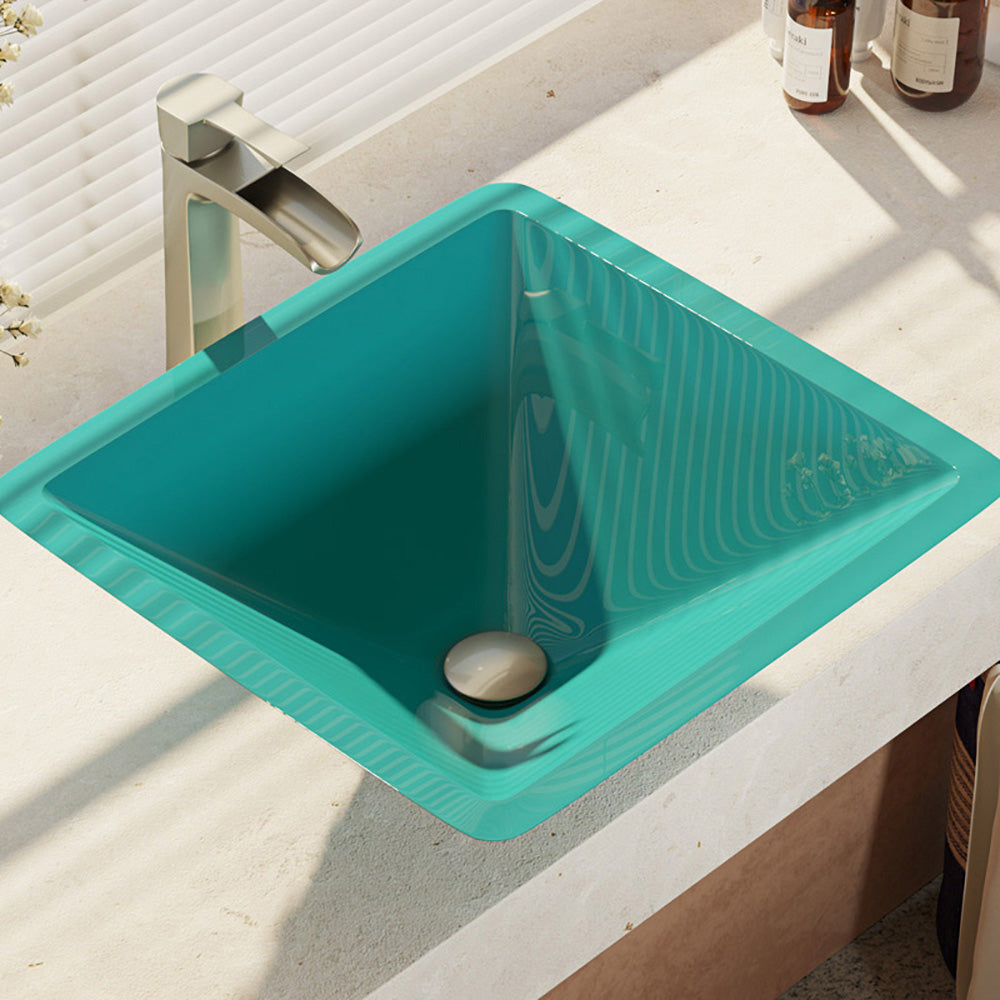 Alternate Image for Rene 17" Square Glass Bathroom Sink, Cerulean, with Faucet, R5-5003-CER-R9-7007-BN