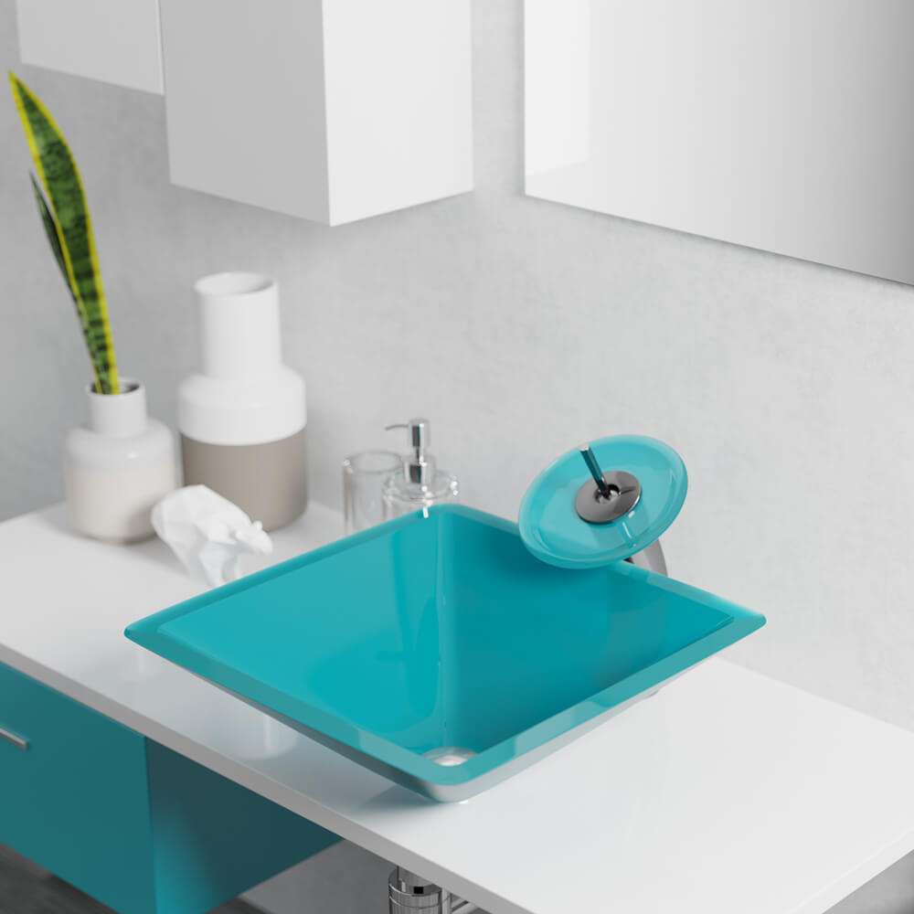 Alternate Image for Rene 17" Square Glass Bathroom Sink, Cerulean, with Faucet, R5-5003-CER-R9-7007-BN