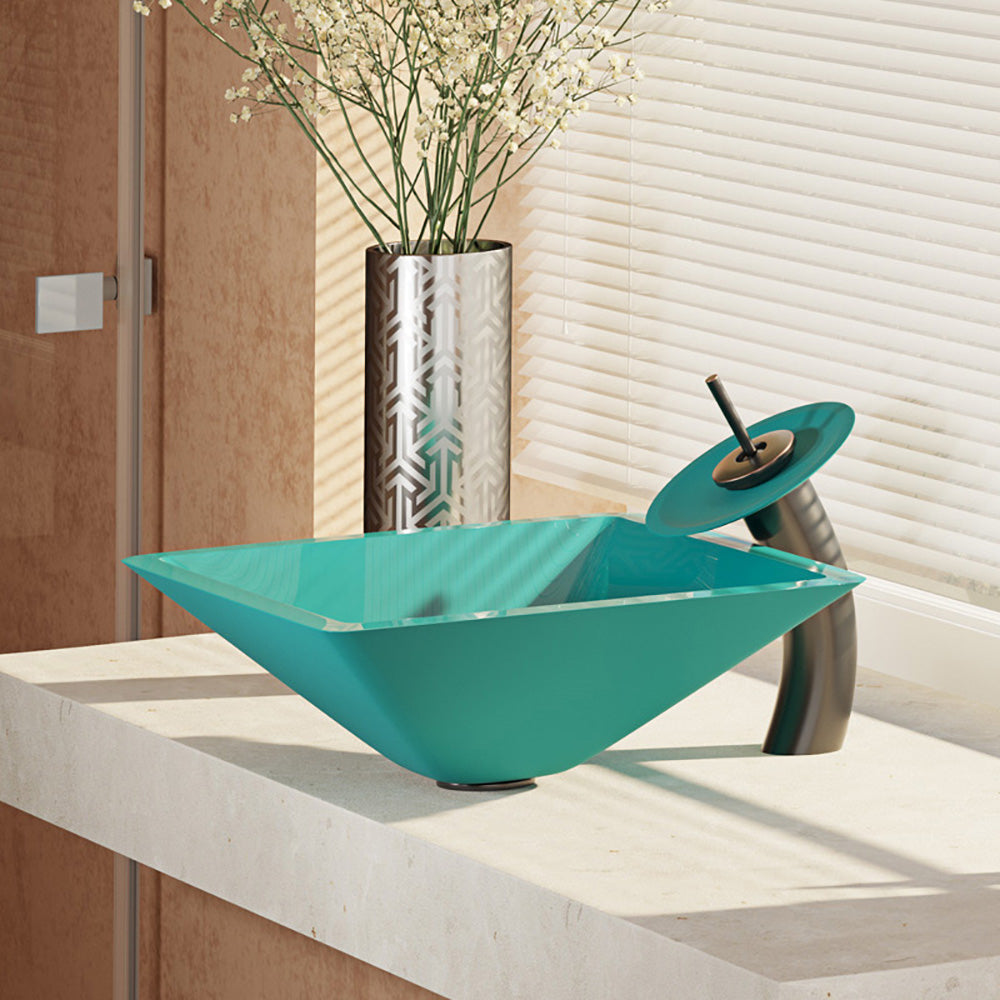 Alternate Image for Rene 17" Square Glass Bathroom Sink, Cerulean, with Faucet, R5-5003-CER-WF-ABR