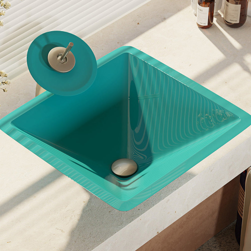 Alternate Image for Rene 17" Square Glass Bathroom Sink, Cerulean, with Faucet, R5-5003-CER-WF-BN