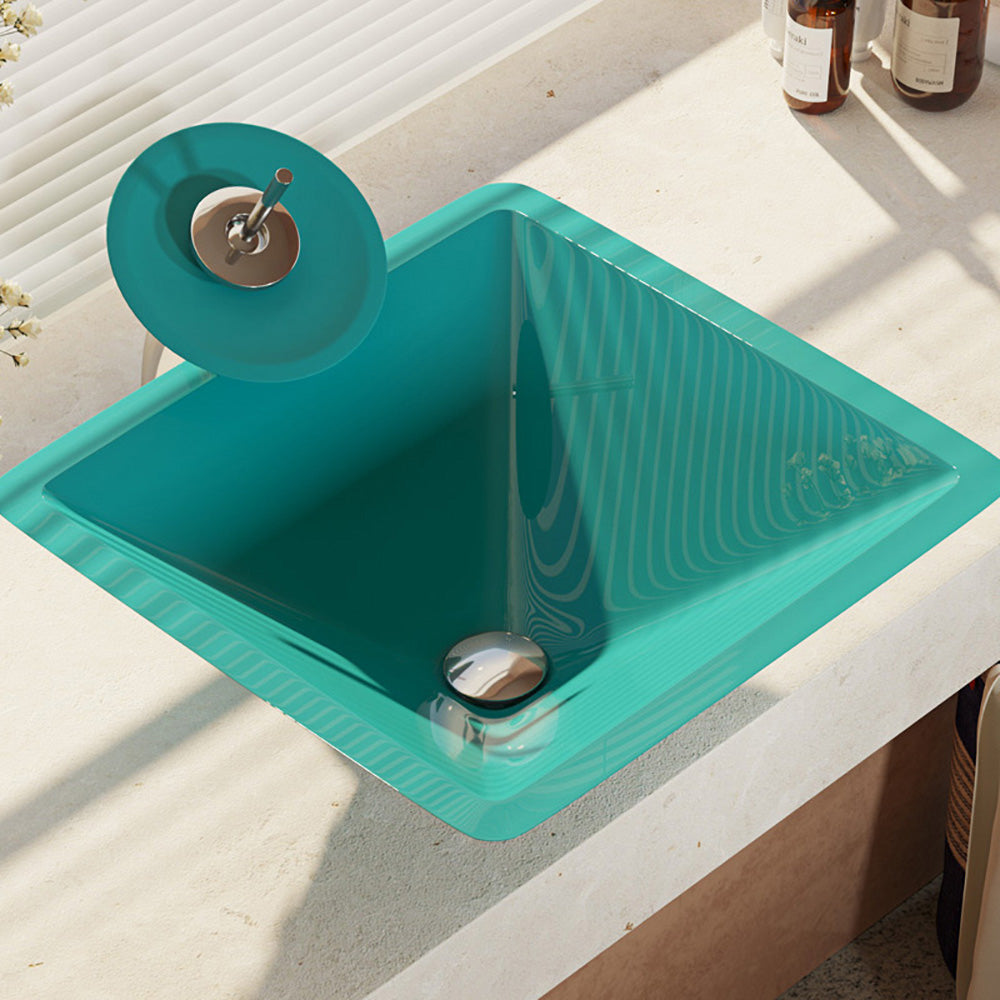 Alternate Image for Rene 17" Square Glass Bathroom Sink, Cerulean, with Faucet, R5-5003-CER-WF-C