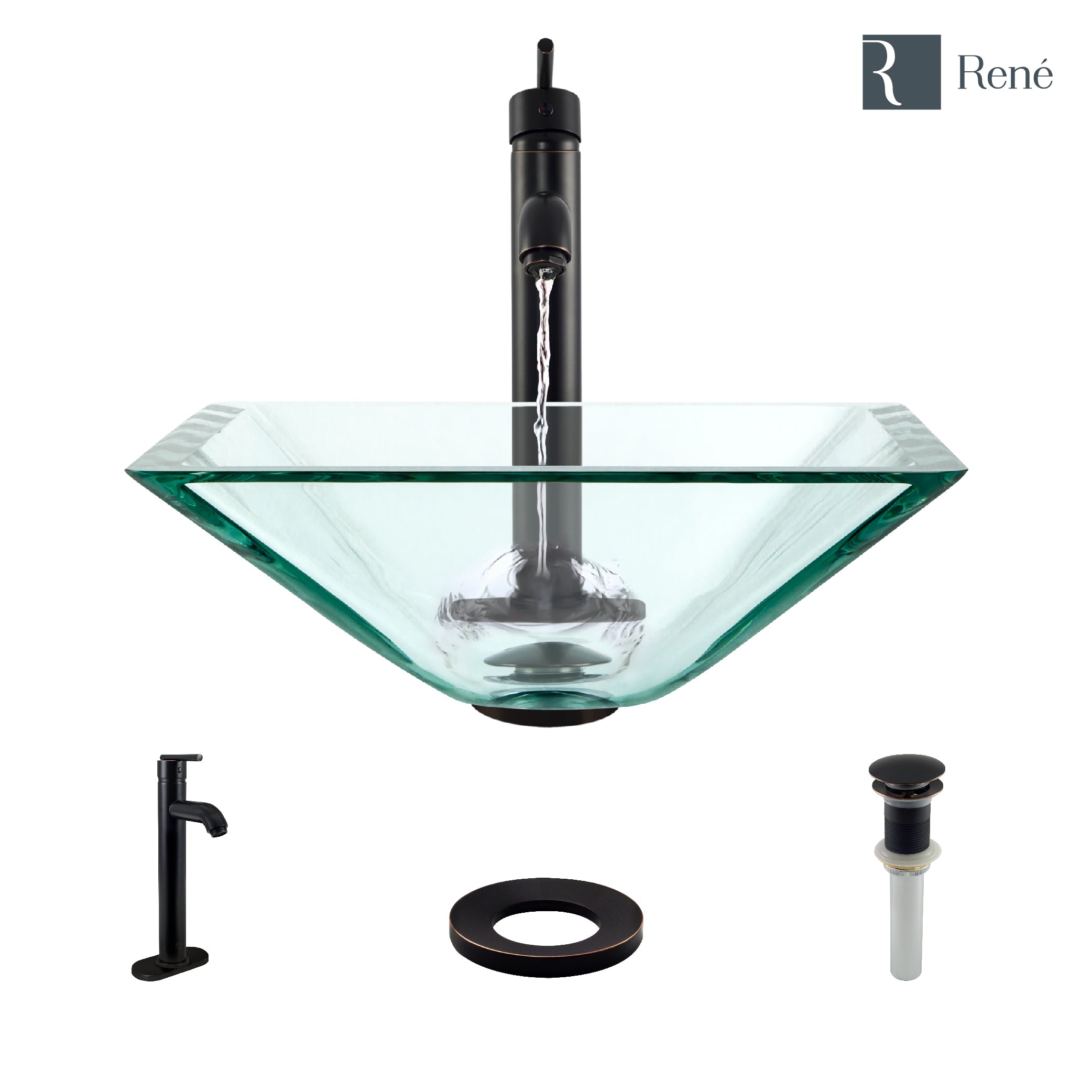 Rene 17" Square Glass Bathroom Sink, Crystal, with Faucet, R5-5003-CRY-R9-7001-ABR