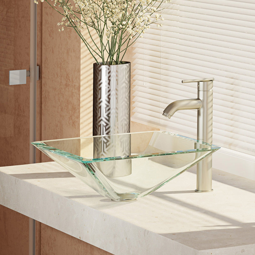 Alternate Image for Rene 17" Square Glass Bathroom Sink, Crystal, with Faucet, R5-5003-CRY-R9-7001-BN