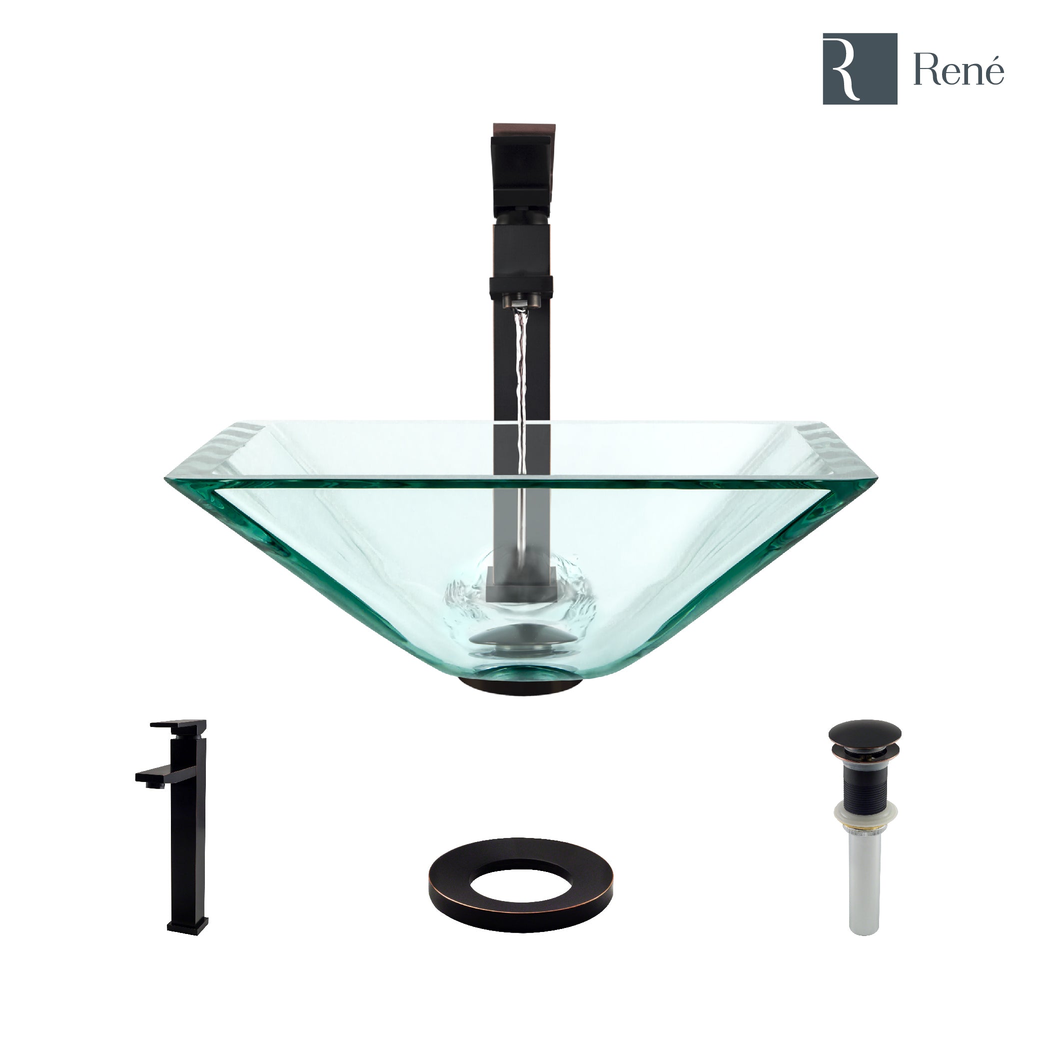 Rene 17" Square Glass Bathroom Sink, Crystal, with Faucet, R5-5003-CRY-R9-7003-ABR
