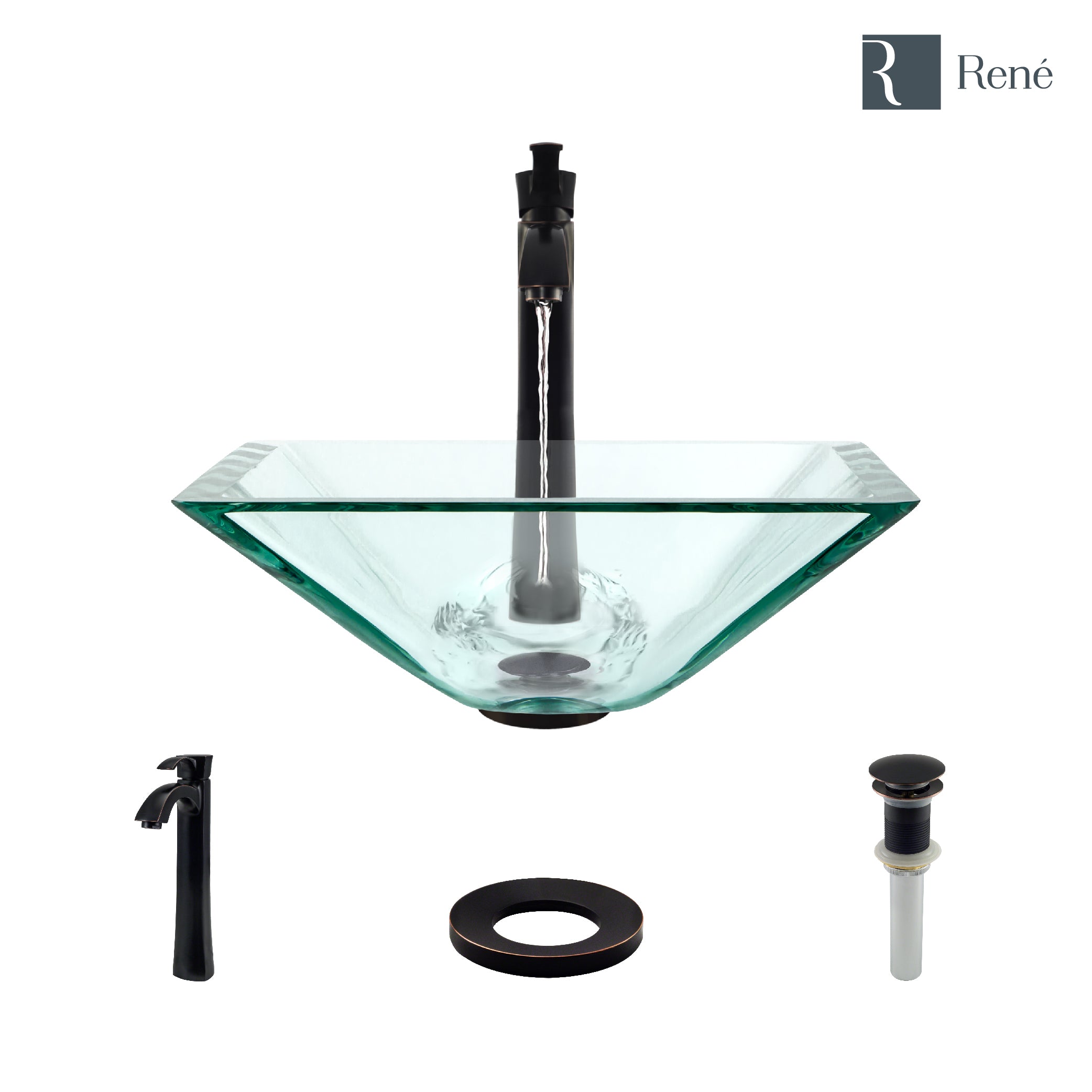Rene 17" Square Glass Bathroom Sink, Crystal, with Faucet, R5-5003-CRY-R9-7006-ABR
