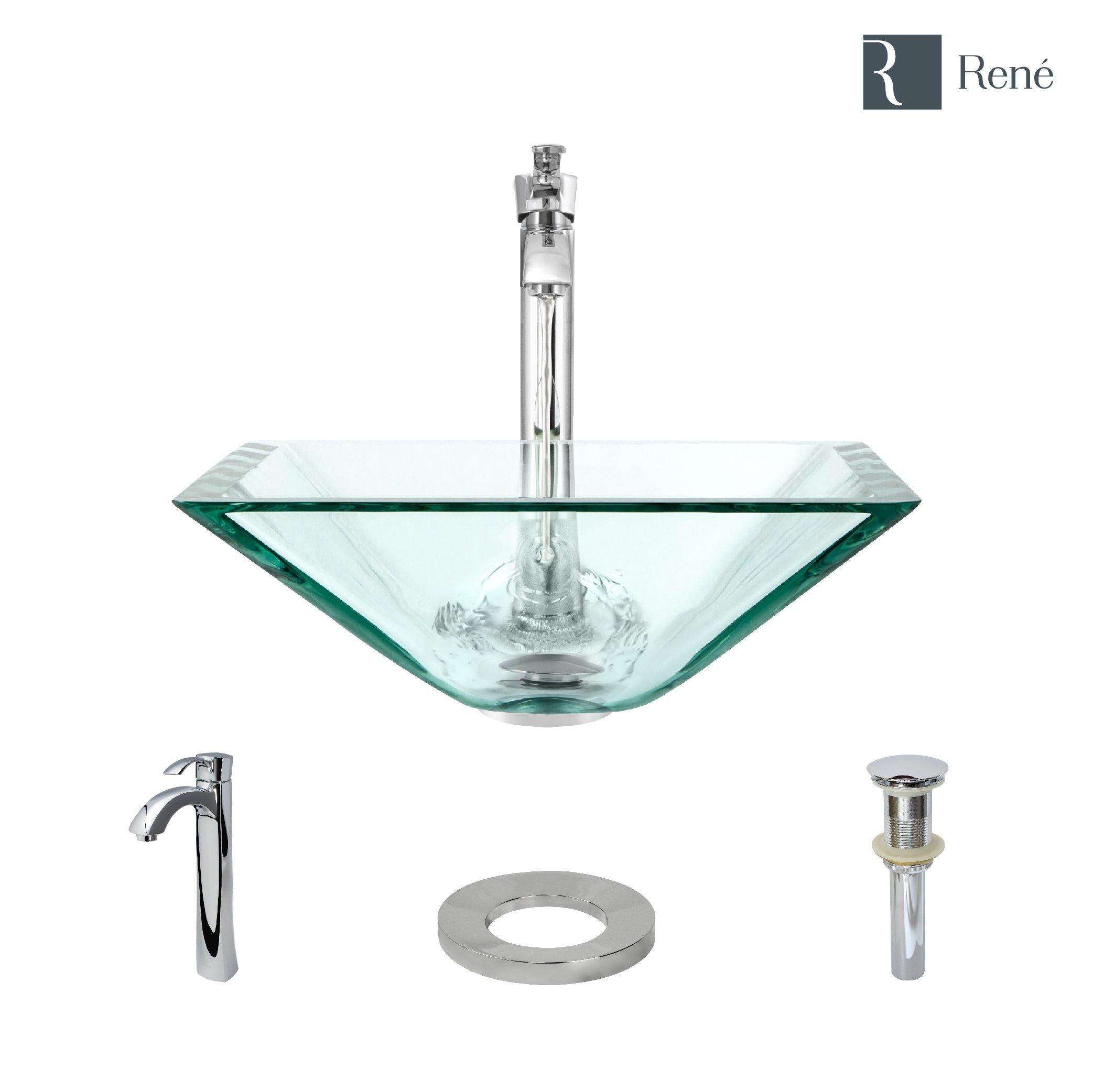 Alternate Image for Rene 17" Square Glass Bathroom Sink, Crystal, with Faucet, R5-5003-CRY-R9-7006-C
