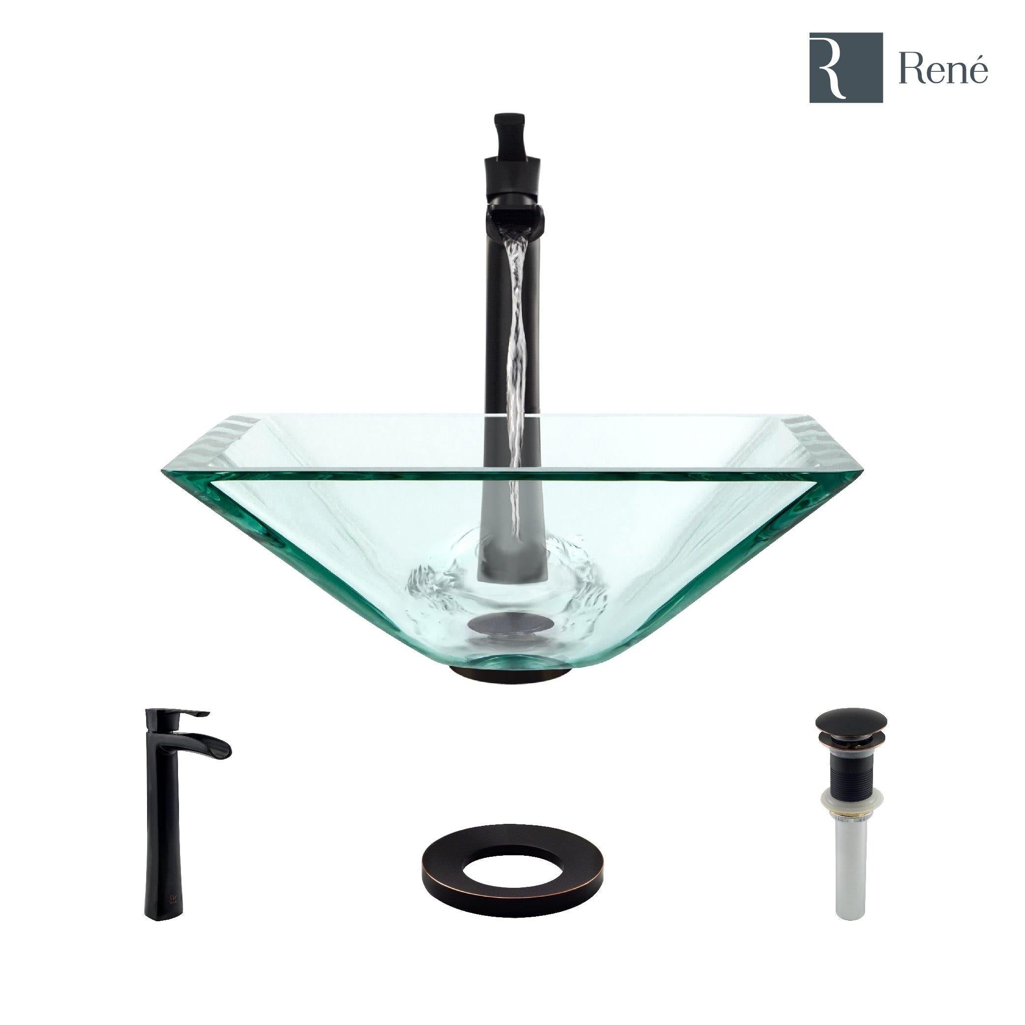 Alternate Image for Rene 17" Square Glass Bathroom Sink, Crystal, with Faucet, R5-5003-CRY-R9-7007-ABR