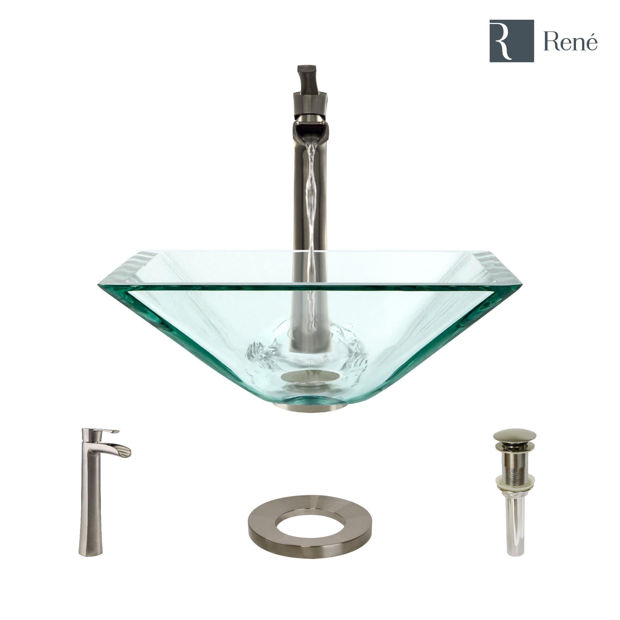 Rene 17" Square Glass Bathroom Sink, Crystal, with Faucet, R5-5003-CRY-R9-7007-BN