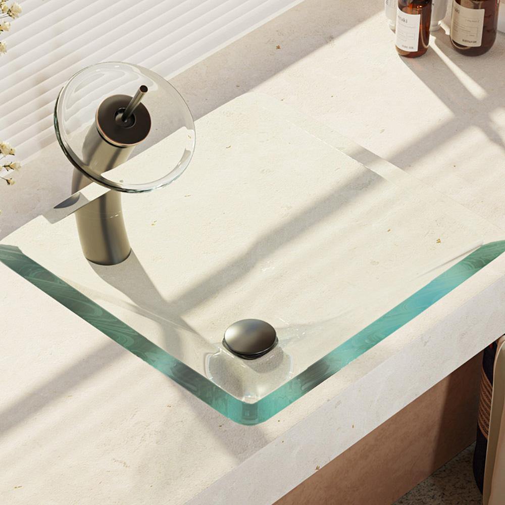 Alternate Image for Rene 17" Square Glass Bathroom Sink, Crystal, with Faucet, R5-5003-CRY-WF-ABR