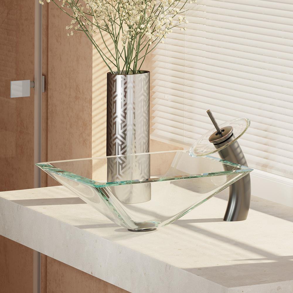 Alternate Image for Rene 17" Square Glass Bathroom Sink, Crystal, with Faucet, R5-5003-CRY-WF-ABR