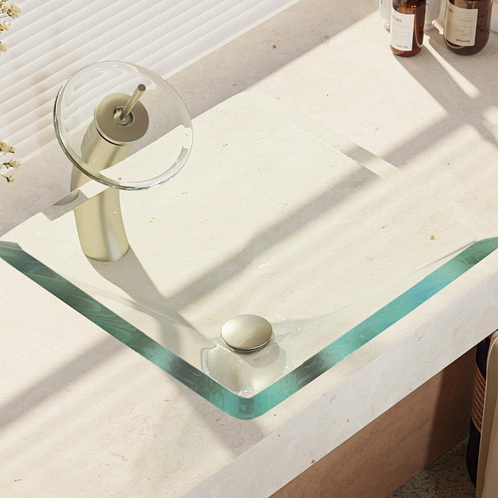 Alternate Image for Rene 17" Square Glass Bathroom Sink, Crystal, with Faucet, R5-5003-CRY-WF-BN