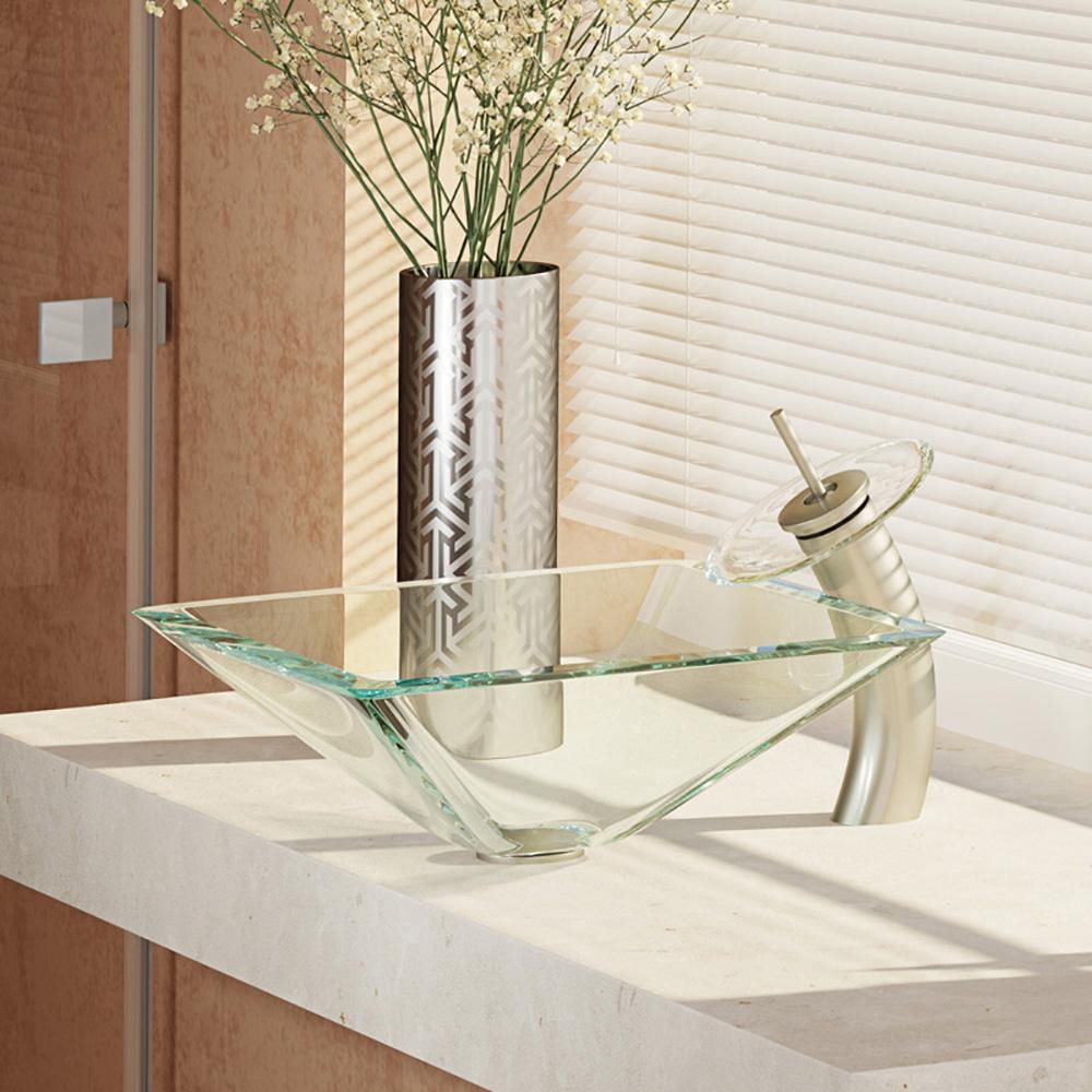 Alternate Image for Rene 17" Square Glass Bathroom Sink, Crystal, with Faucet, R5-5003-CRY-WF-BN