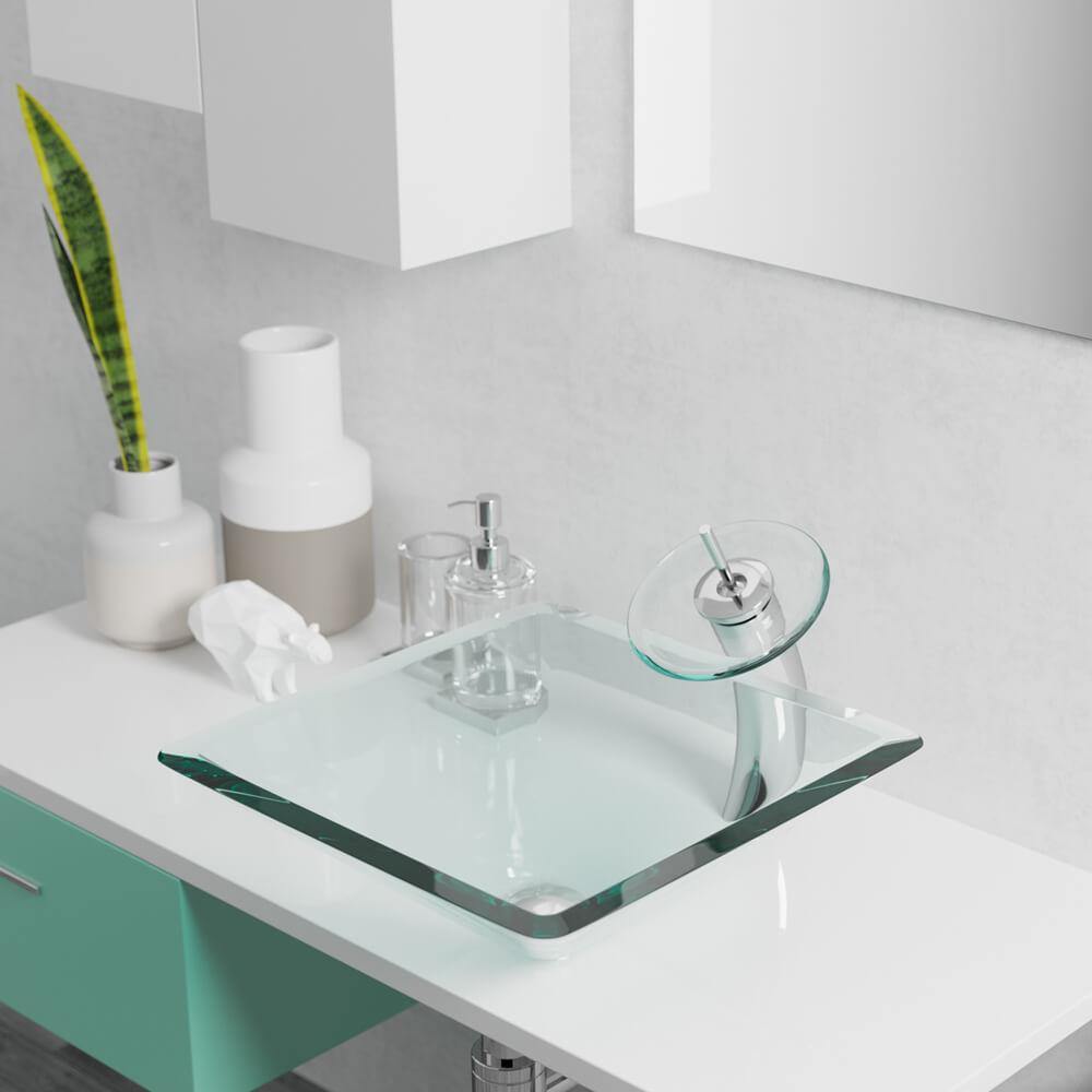 Alternate Image for Rene 17" Square Glass Bathroom Sink, Crystal, with Faucet, R5-5003-CRY-WF-BN