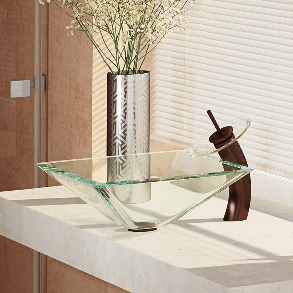 Alternate Image for Rene 17" Square Glass Bathroom Sink, Crystal, with Faucet, R5-5003-CRY-WF-ORB