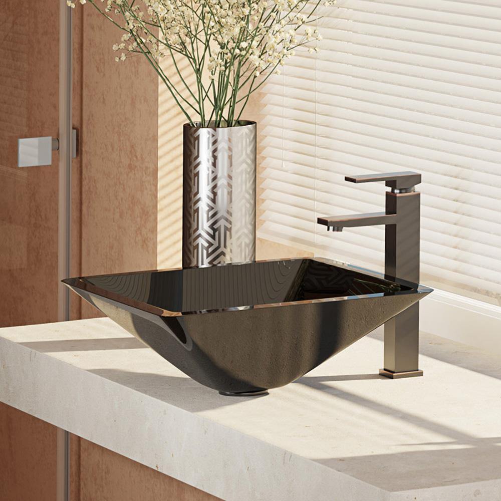 Alternate Image for Rene 17" Square Glass Bathroom Sink, Noir, with Faucet, R5-5003-NOR-R9-7003-ABR