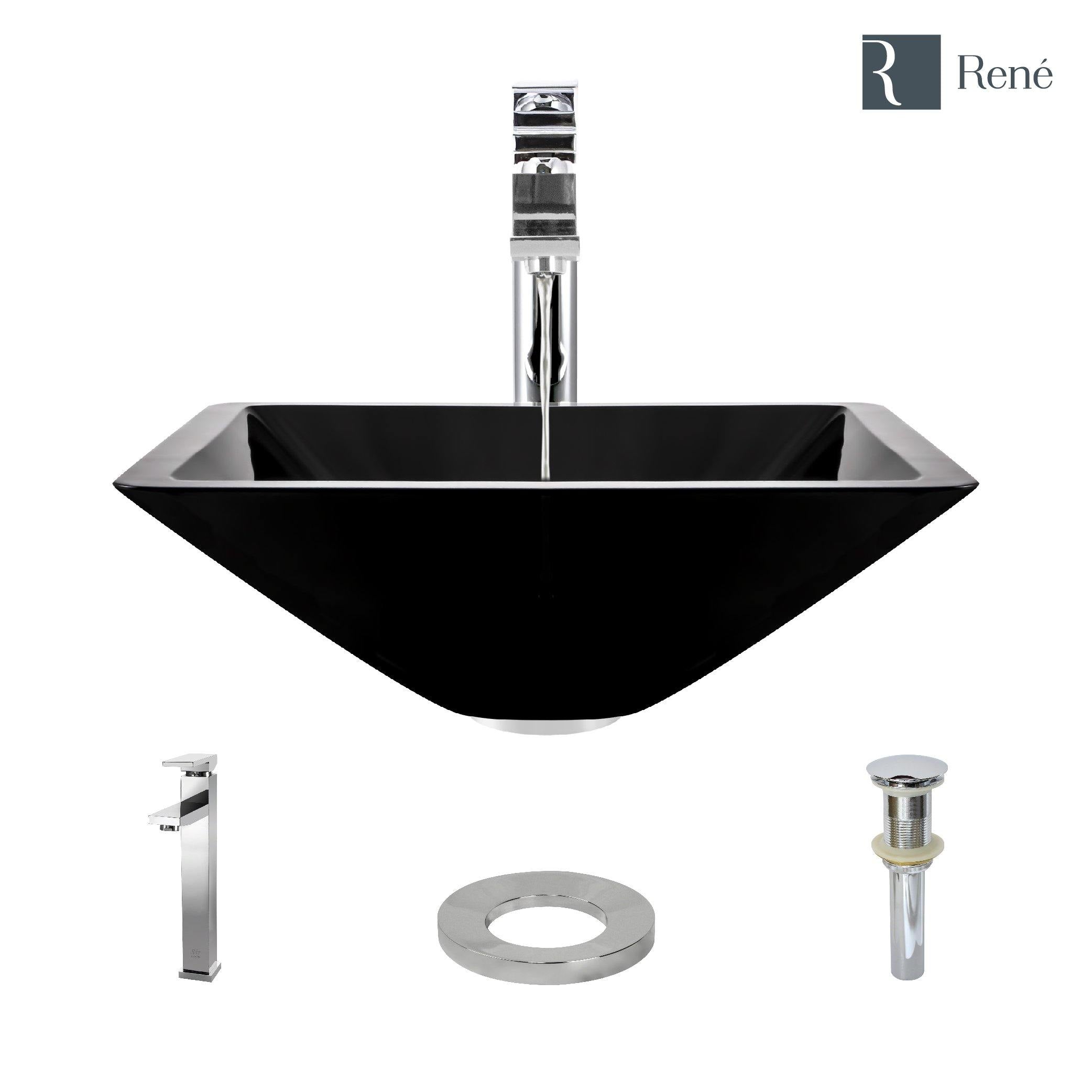 Alternate Image for Rene 17" Square Glass Bathroom Sink, Noir, with Faucet, R5-5003-NOR-R9-7003-C