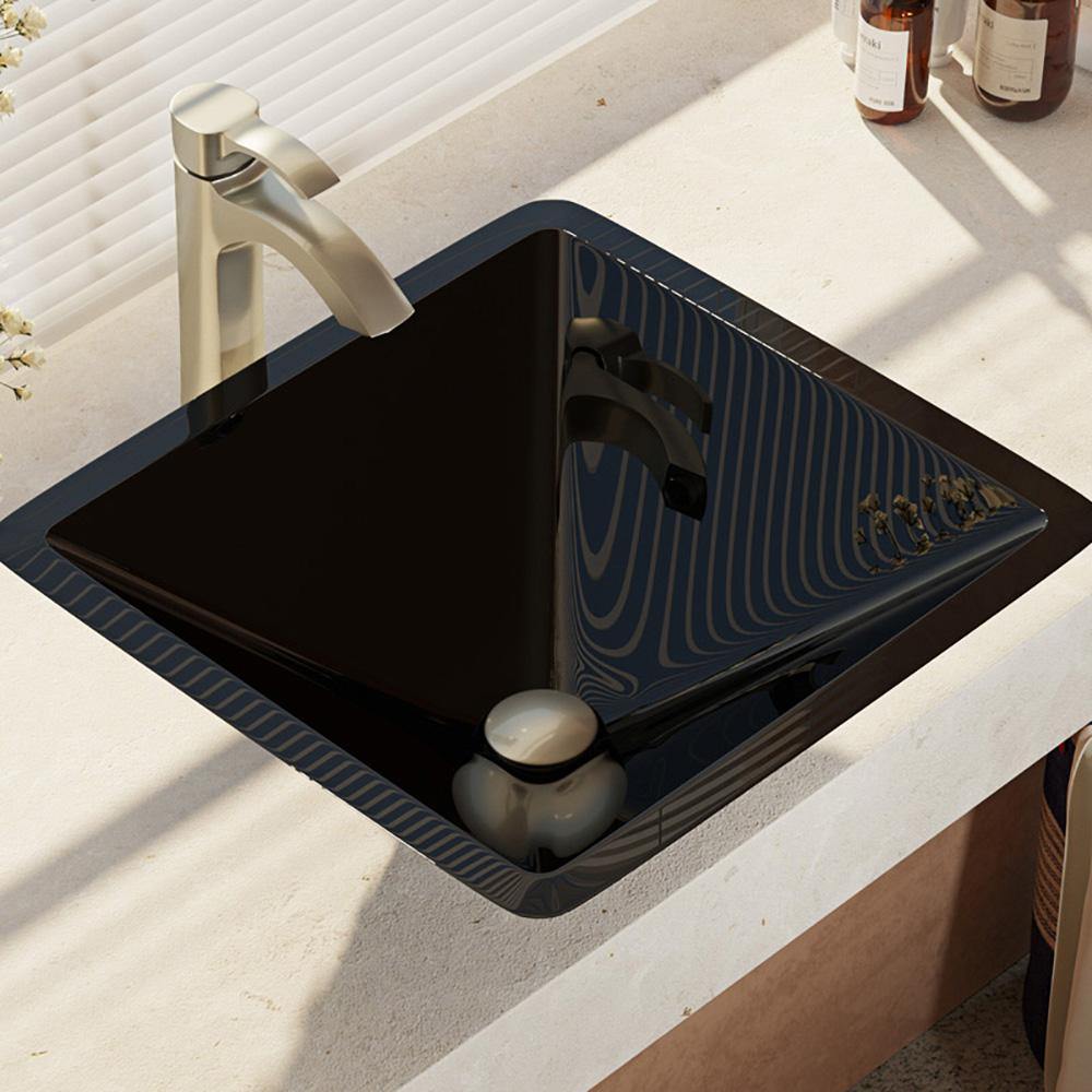 Alternate Image for Rene 17" Square Glass Bathroom Sink, Noir, with Faucet, R5-5003-NOR-R9-7006-BN