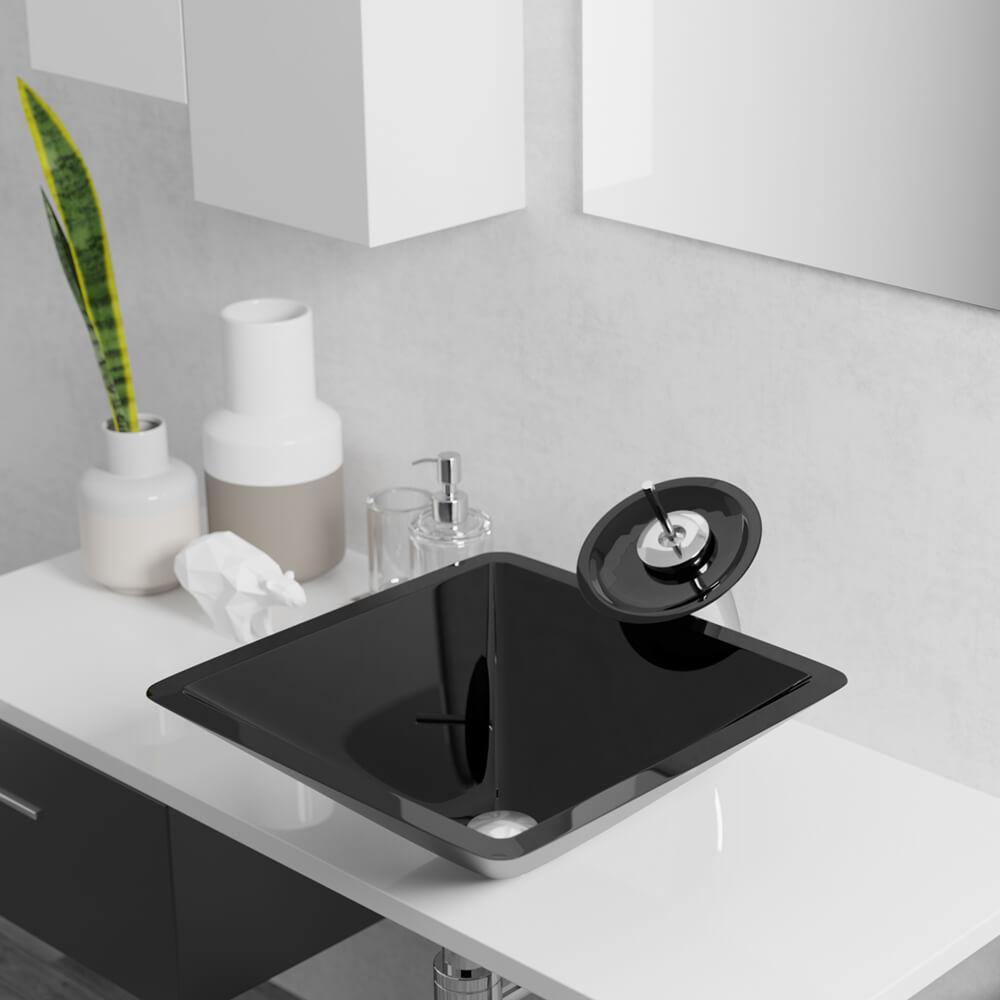Alternate Image for Rene 17" Square Glass Bathroom Sink, Noir, with Faucet, R5-5003-NOR-R9-7006-BN