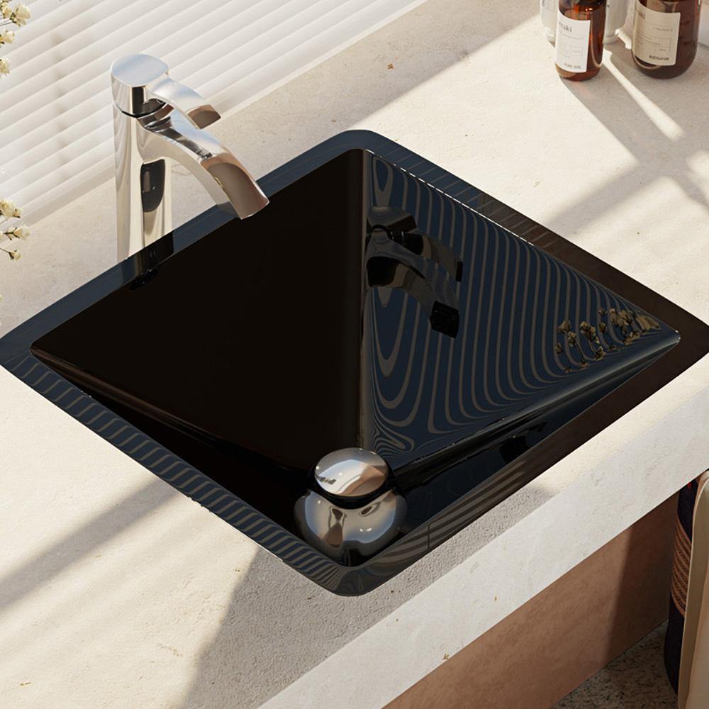 Alternate Image for Rene 17" Square Glass Bathroom Sink, Noir, with Faucet, R5-5003-NOR-R9-7006-C
