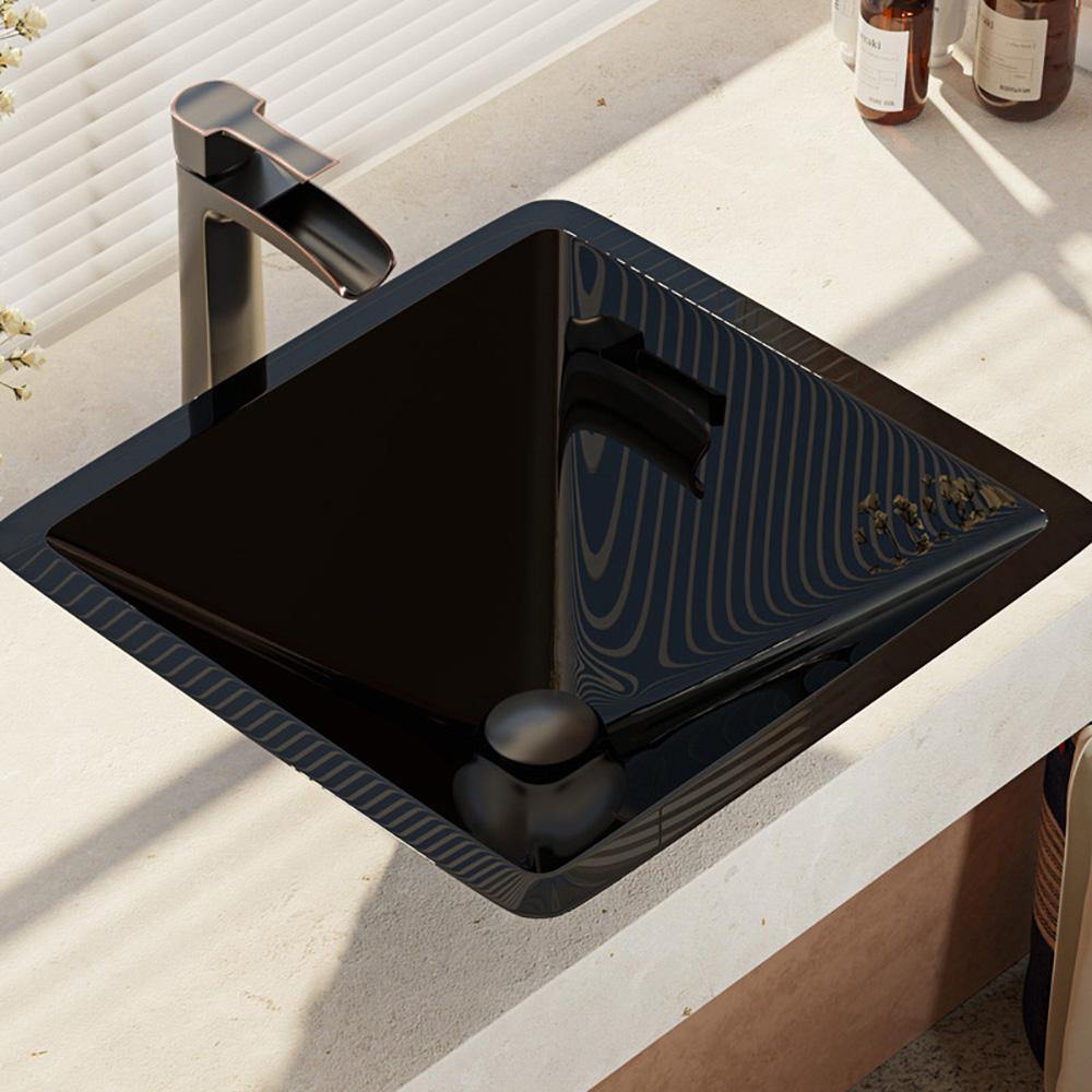 Alternate Image for Rene 17" Square Glass Bathroom Sink, Noir, with Faucet, R5-5003-NOR-R9-7007-ABR