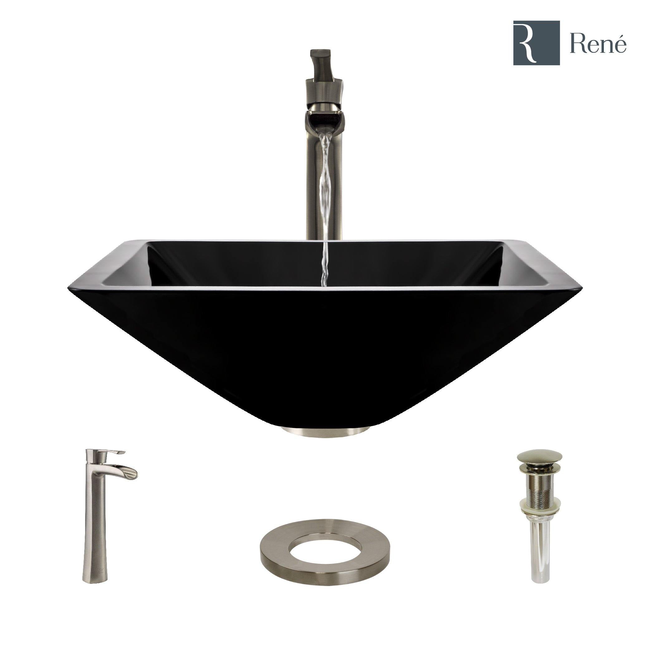 Alternate Image for Rene 17" Square Glass Bathroom Sink, Noir, with Faucet, R5-5003-NOR-R9-7007-BN
