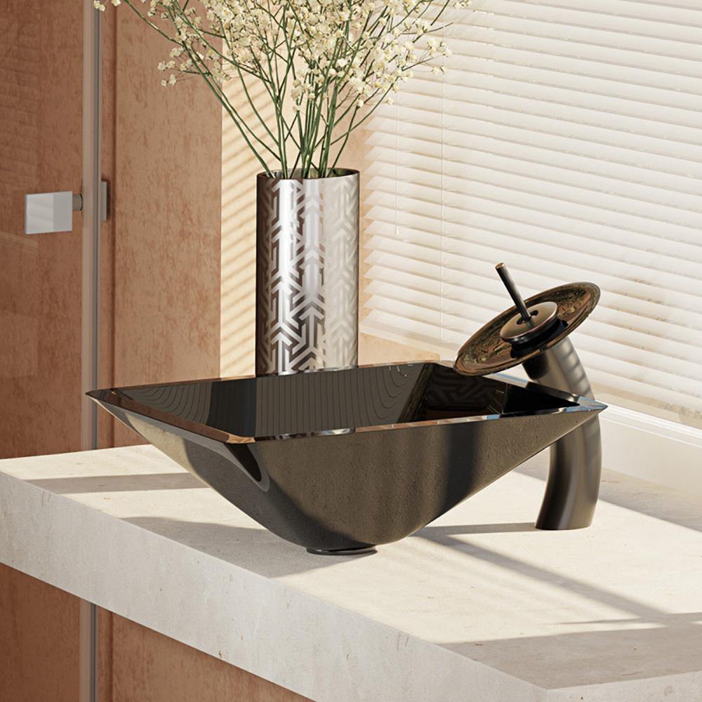 Alternate Image for Rene 17" Square Glass Bathroom Sink, Noir, with Faucet, R5-5003-NOR-WF-ABR