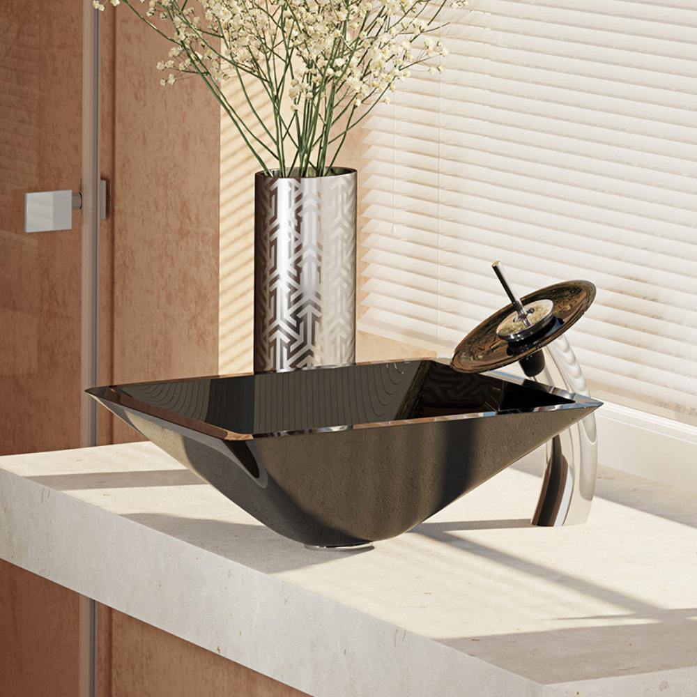 Alternate Image for Rene 17" Square Glass Bathroom Sink, Noir, with Faucet, R5-5003-NOR-WF-C