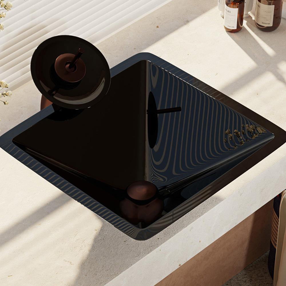 Alternate Image for Rene 17" Square Glass Bathroom Sink, Noir, with Faucet, R5-5003-NOR-WF-ORB