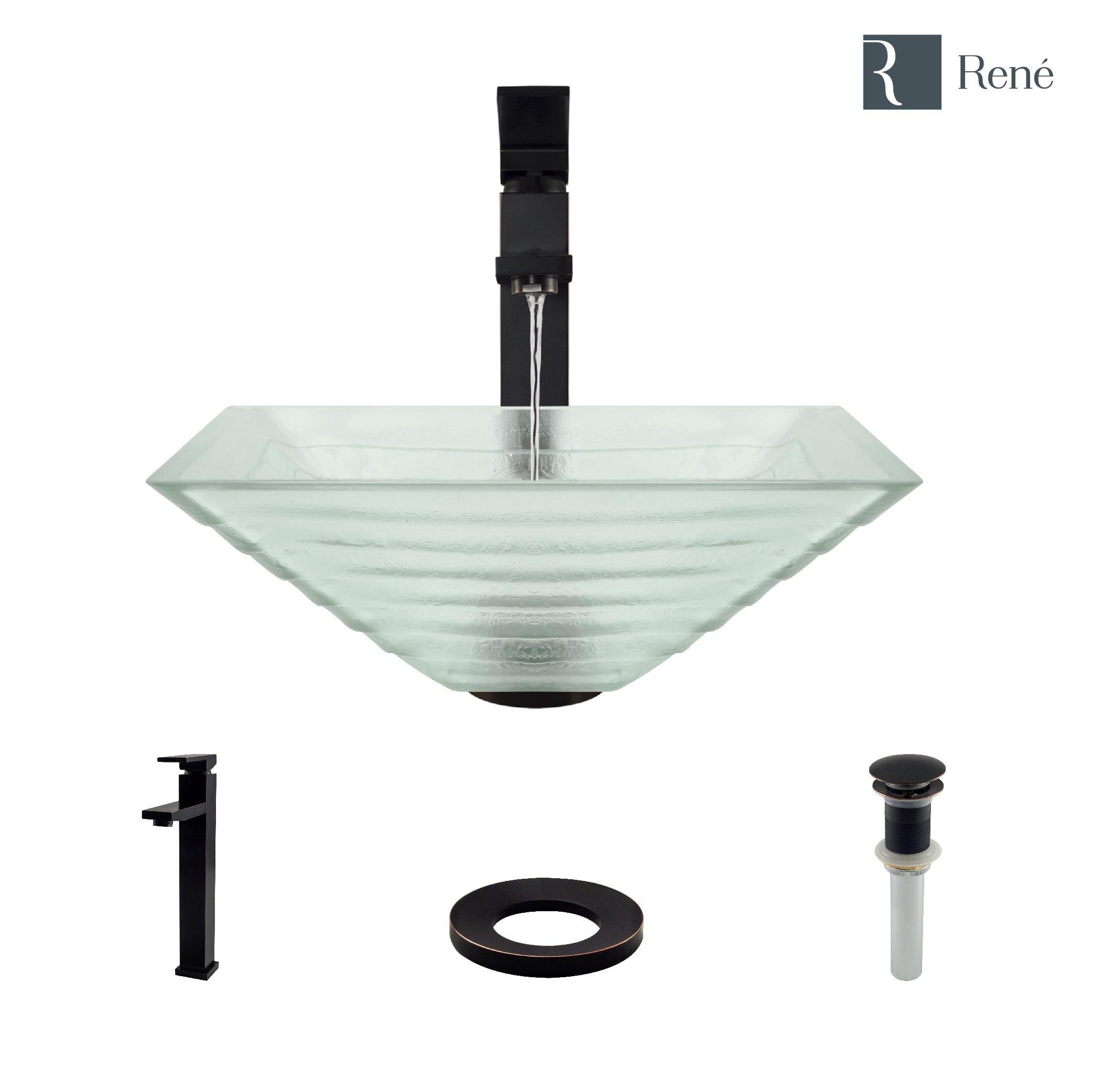 Rene 17" Square Glass Bathroom Sink, Textured, with Faucet, R5-5004-R9-7003-ABR