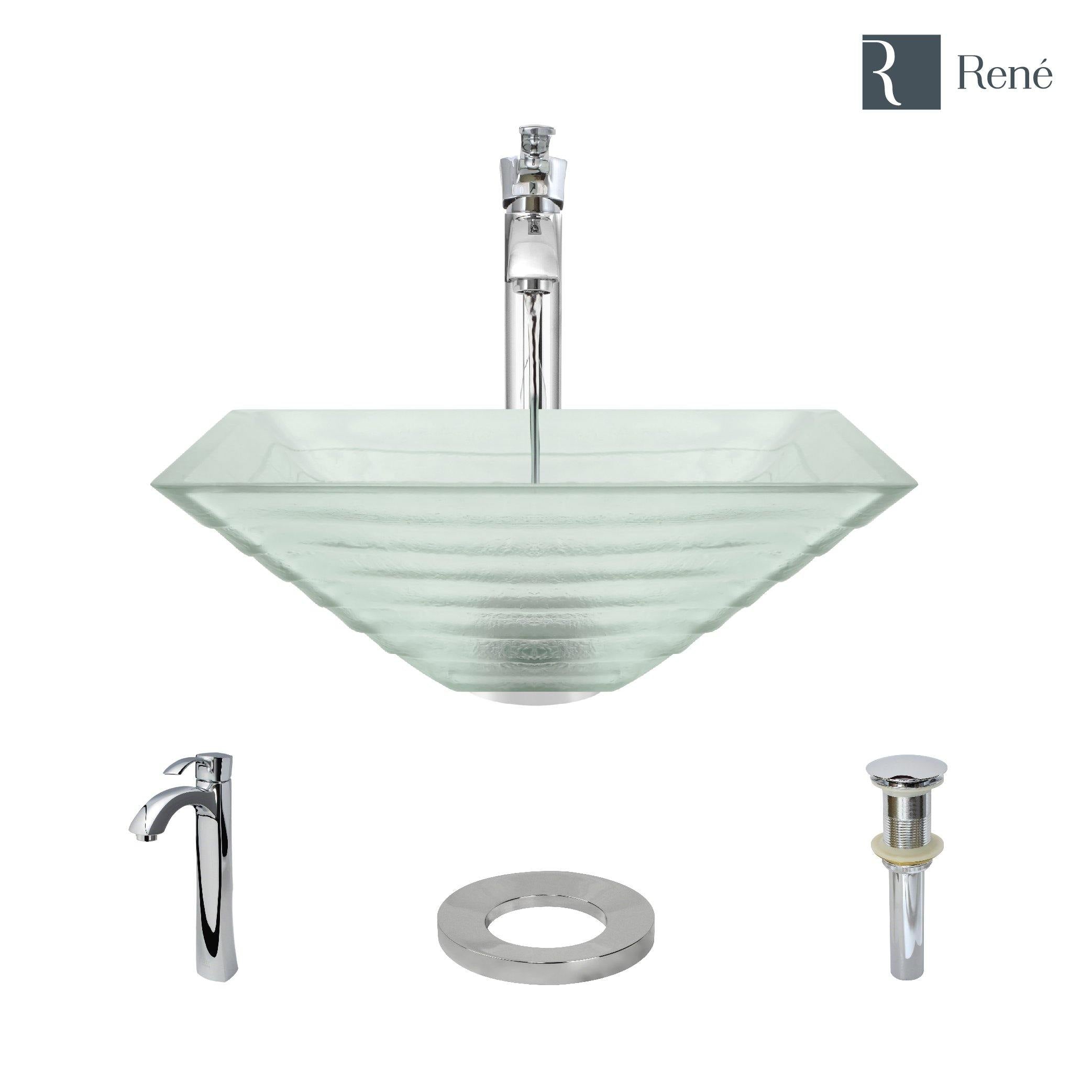 Rene 17" Square Glass Bathroom Sink, Textured, with Faucet, R5-5004-R9-7006-C