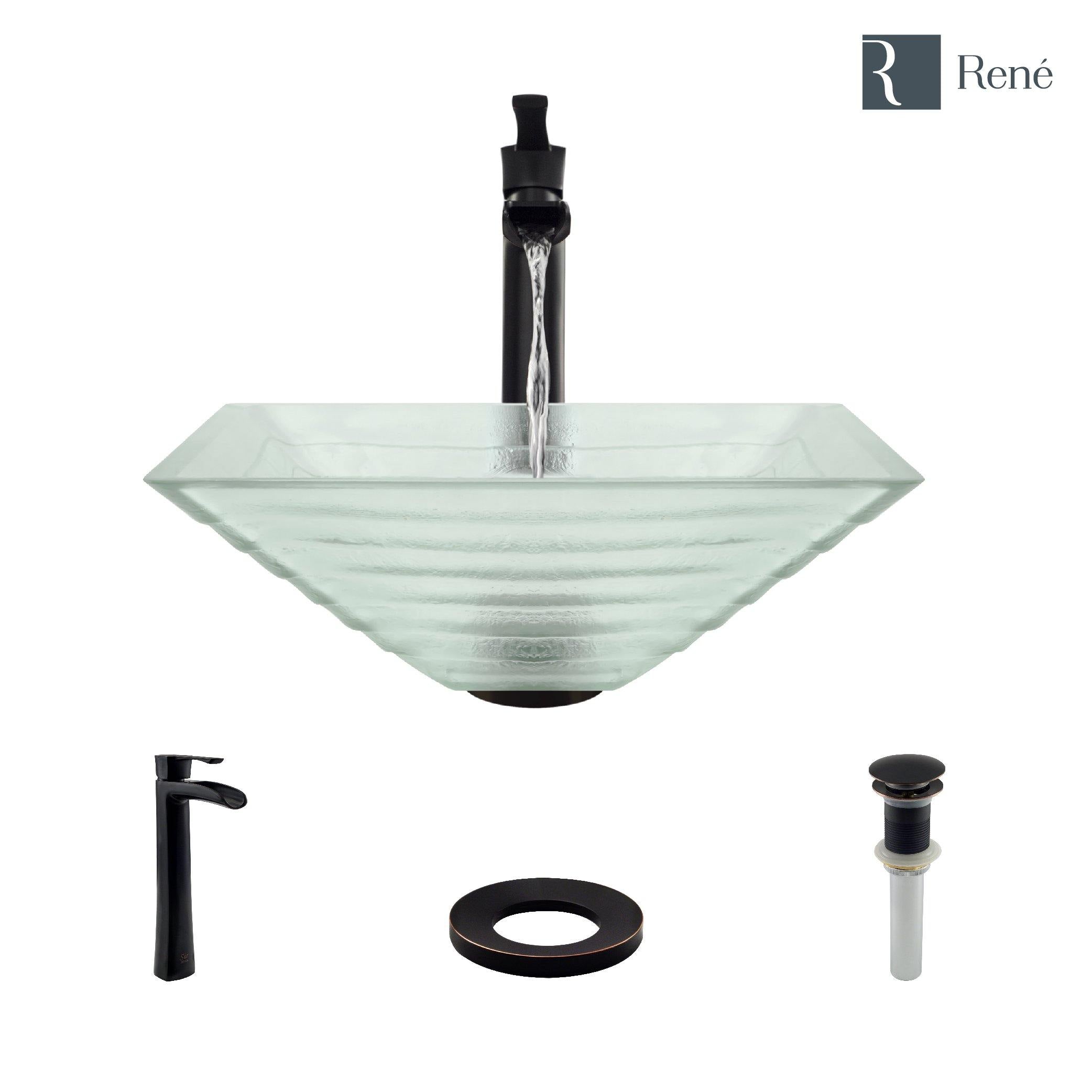 Alternate Image for Rene 17" Square Glass Bathroom Sink, Textured, with Faucet, R5-5004-R9-7007-ABR